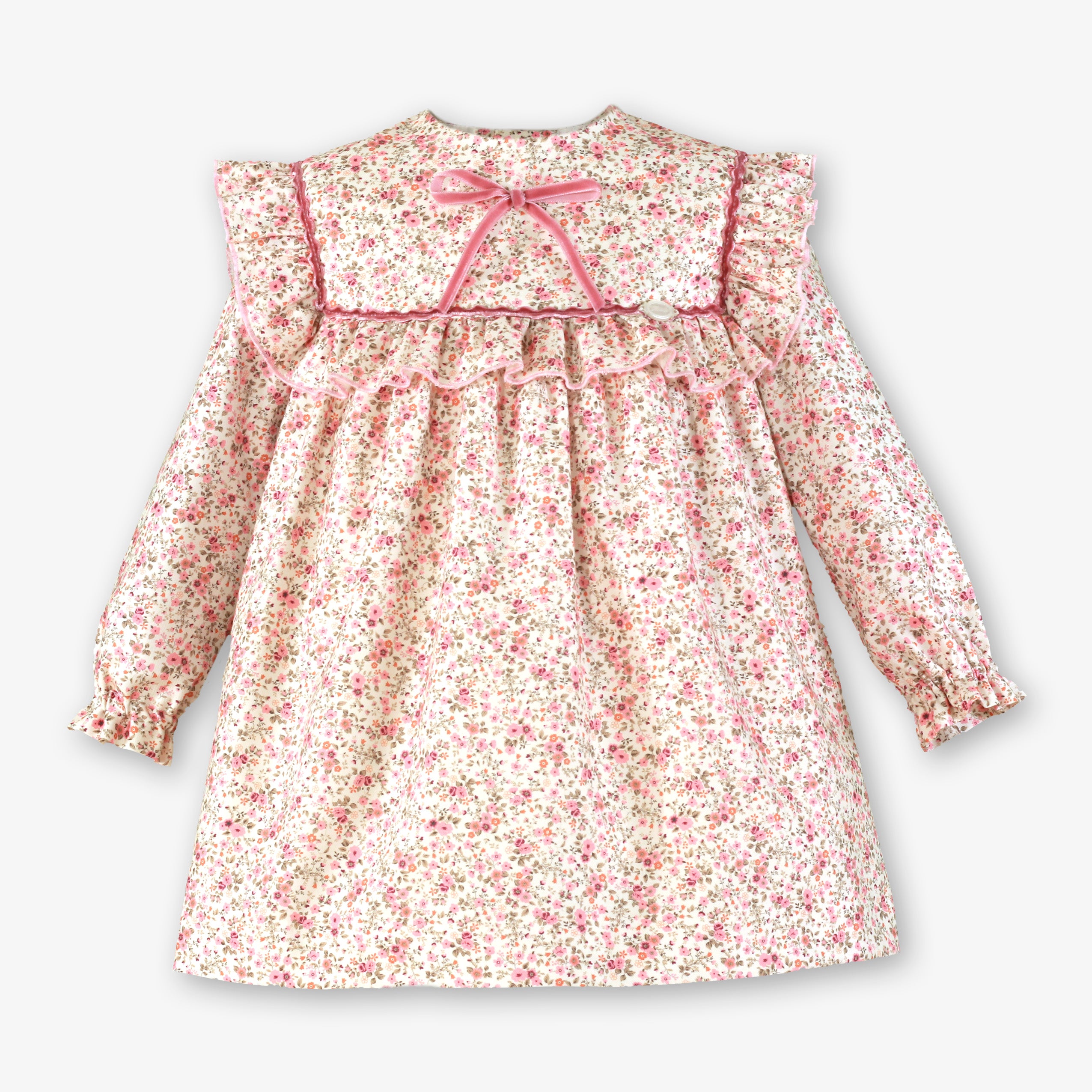 Vestido de invierno para niña estampado floral en rosa palo con pechera de volantes y lazo de terciopelo - Miranda 40/0246/V