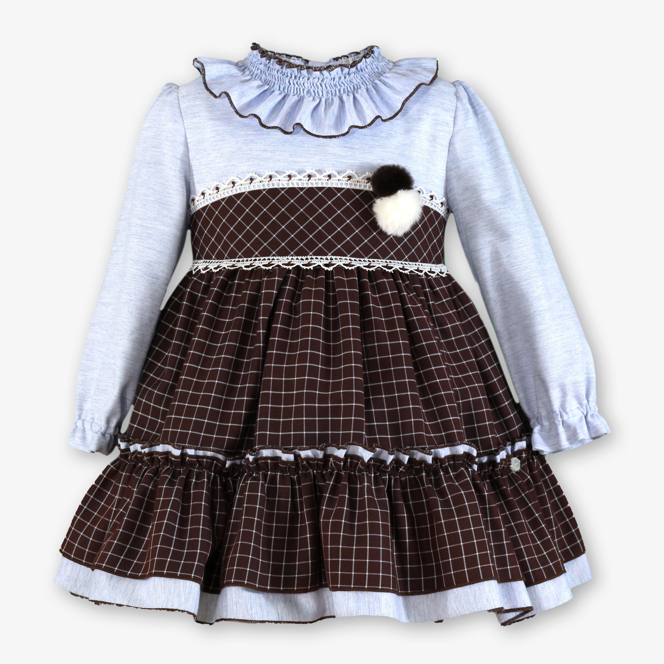 Vestido de invierno para niña en color marrón y azul celeste con falda de cuadros y detalle de pompones - Miranda 40/0247/V