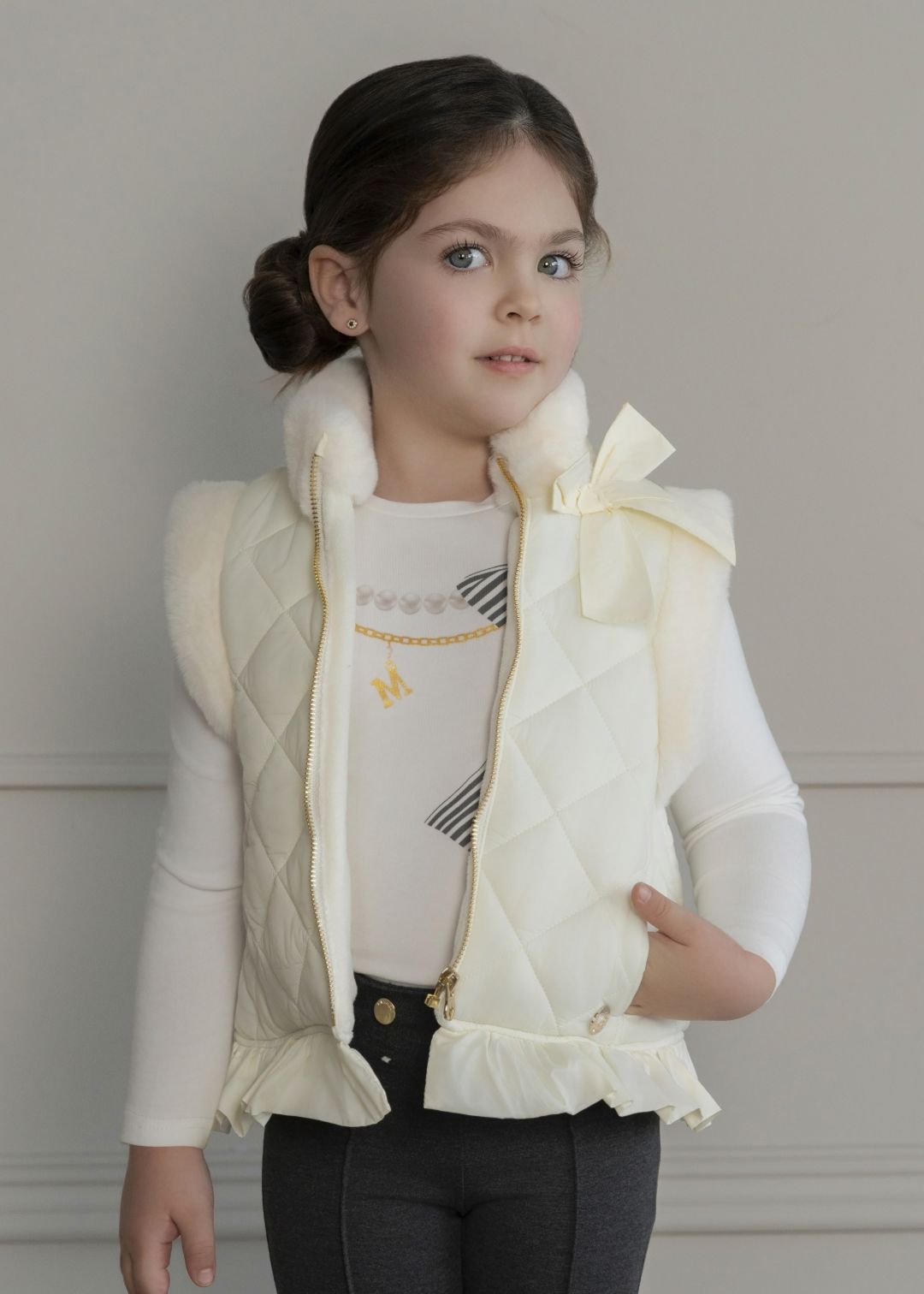 Chaleco niña infantil tercipelo beige lazo MIRANDA 0248
