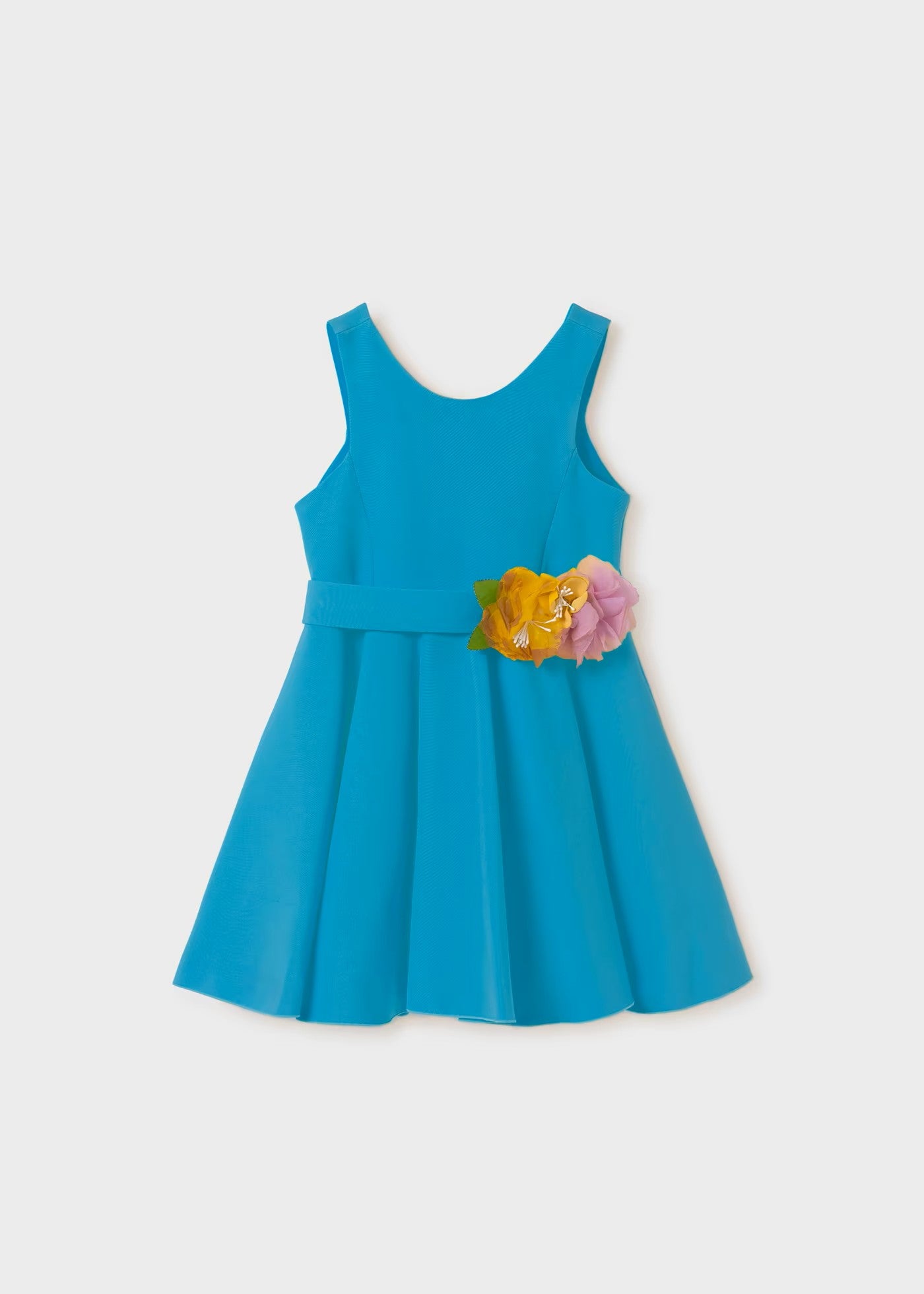 Vestido turquesa crepe aplique floral niña  05062