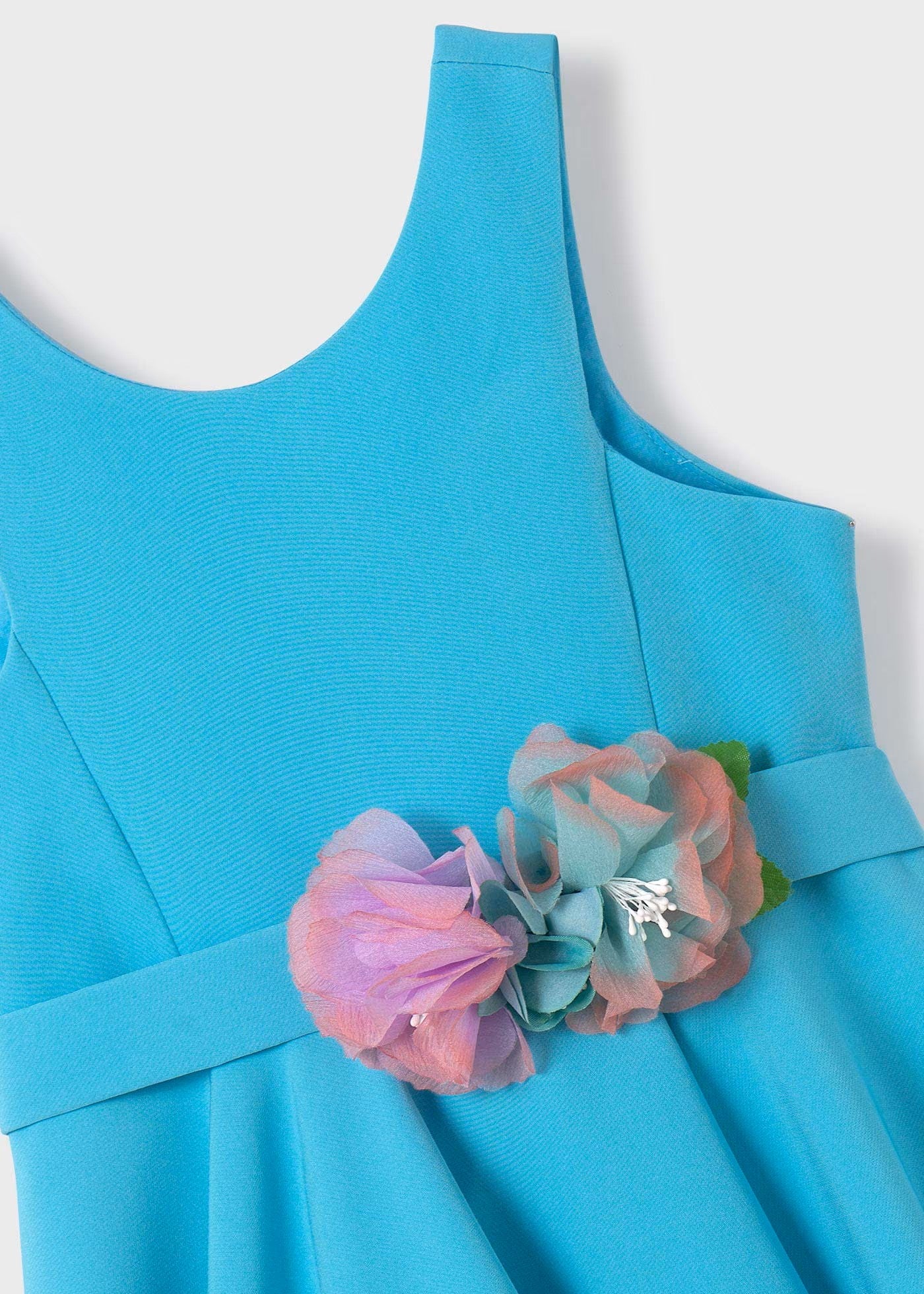 Vestido turquesa crepe aplique floral niña  05062