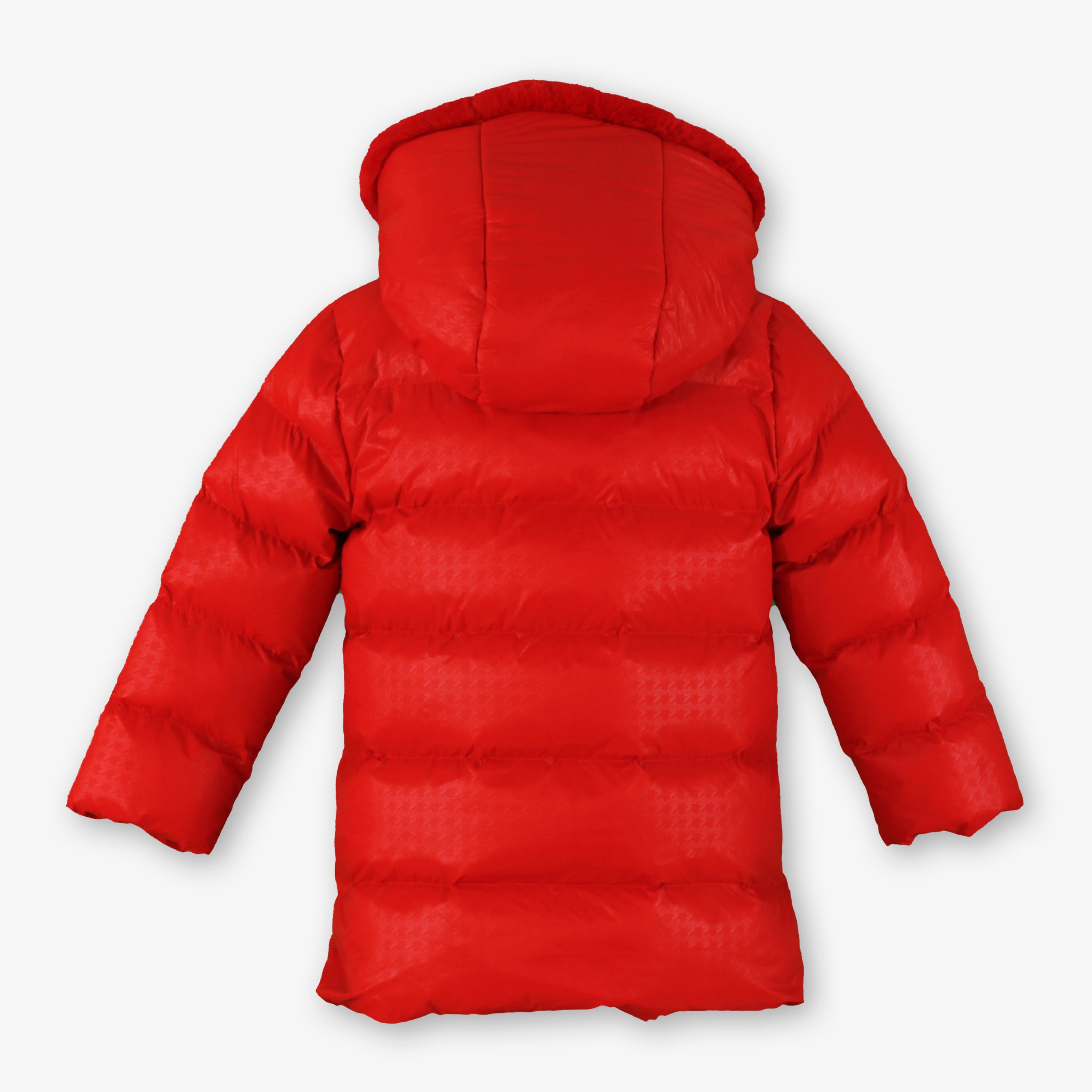 Vista trasera acolchada del abrigo tipo parka rojo para niña con capucha de la firma Miranda