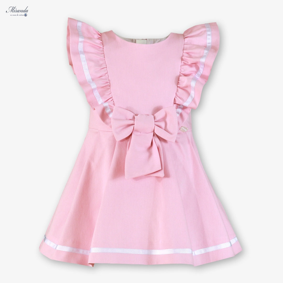 Vestido niña ceremonia rosa empolvado Miranda con volantes y lazo 0253