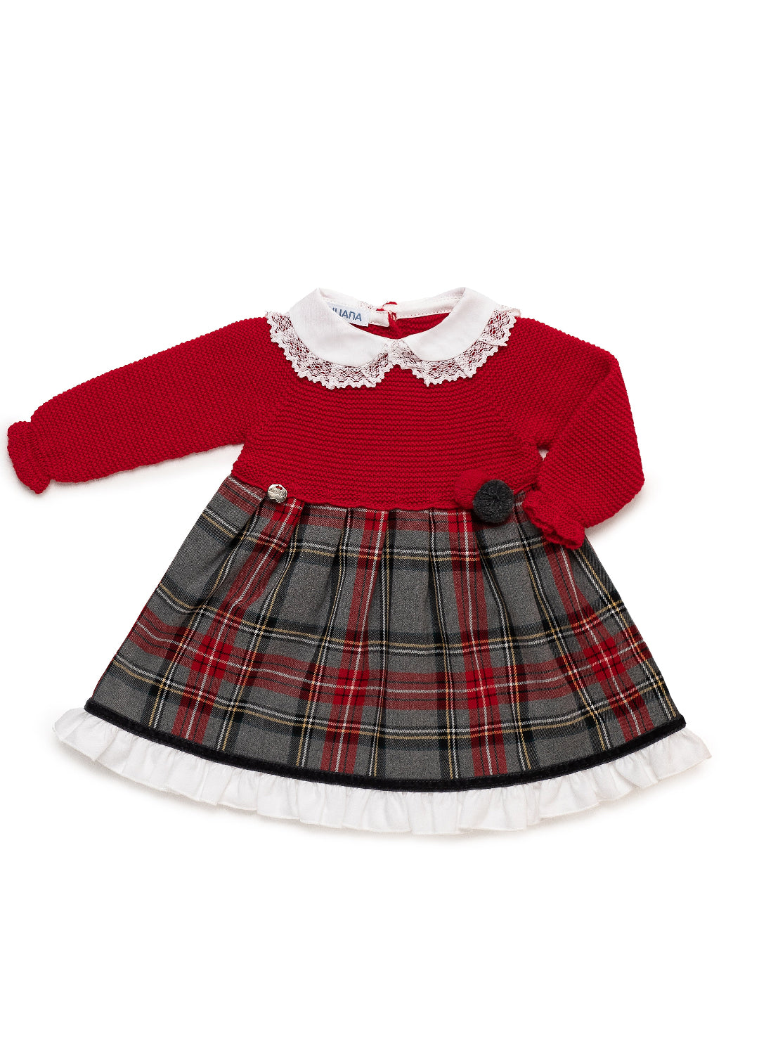 Vestido Cuerpo Punto Cuadros Cuello Puntilla 2 pompones rojo JULIANA 25652