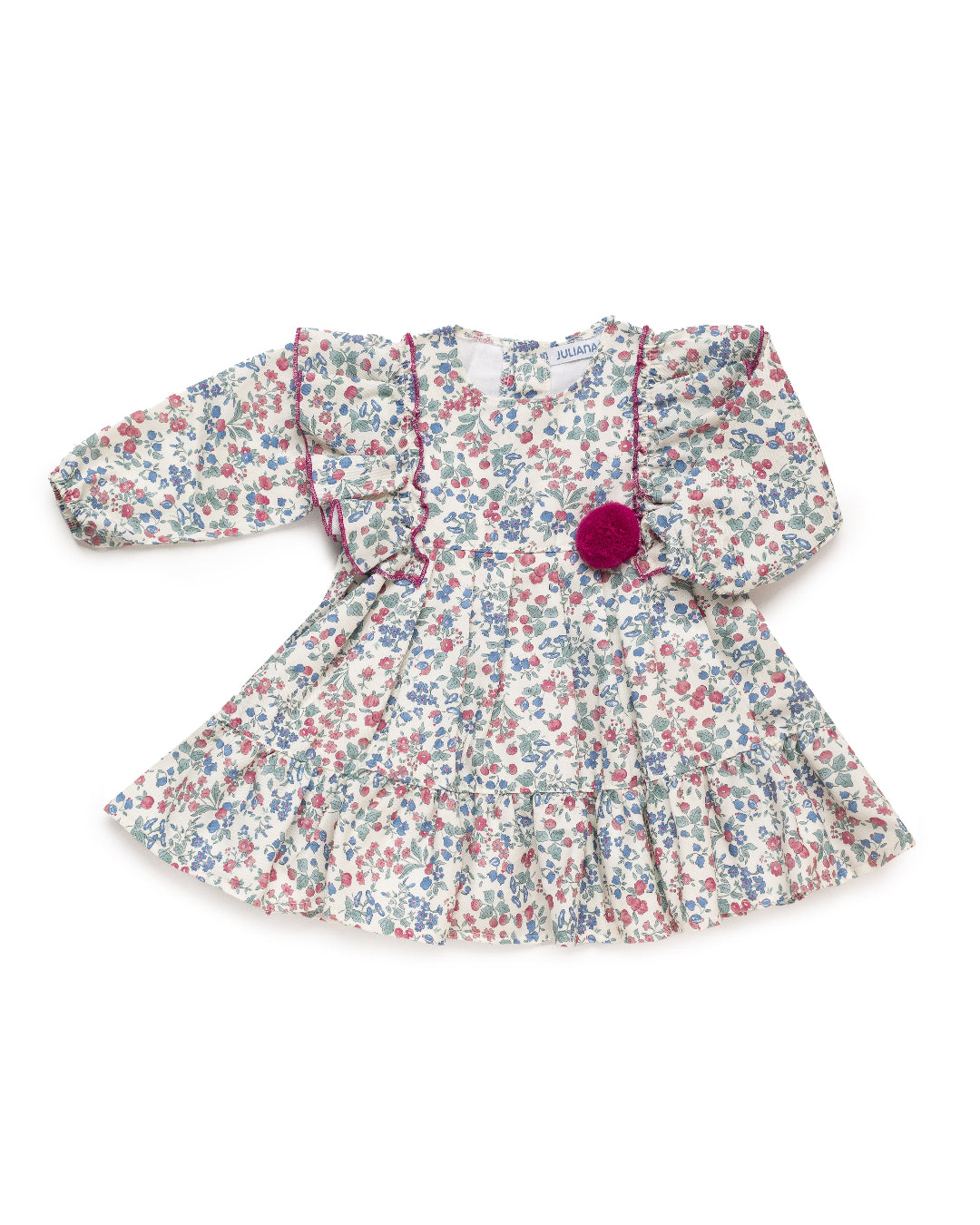 Vestido 2 Cortes Flores Volante Hombros fucsia JULIANA 25661
