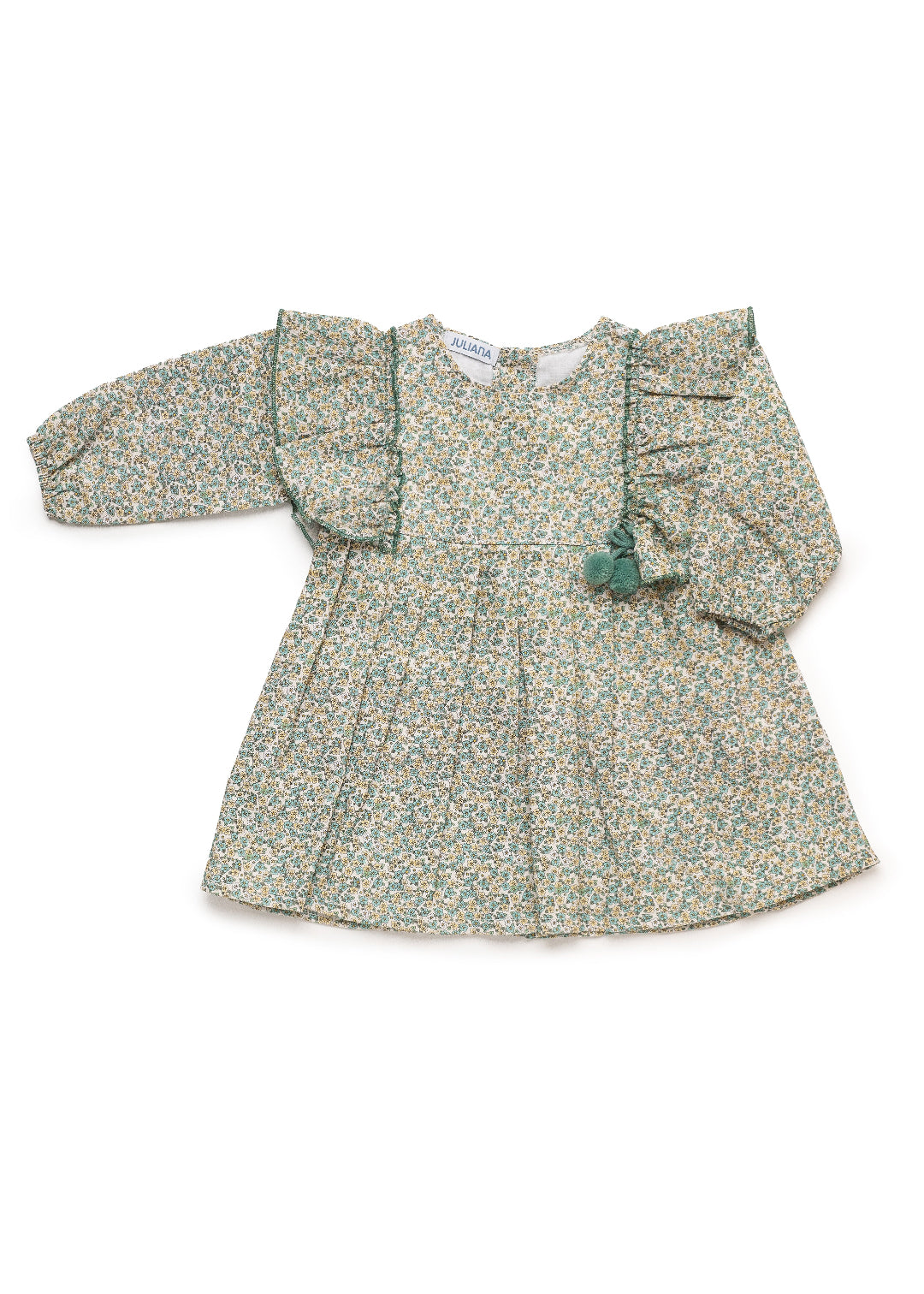 Vestido 2 Volantes Flores Verde hoja Lazo 2 Pompones JULIANA 25663
