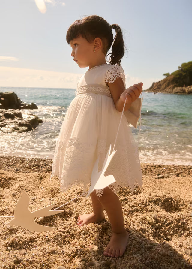 Vestido Bebé Niña Ceremonia Bordado Abel & Lula Color Nata con Encaje 05002