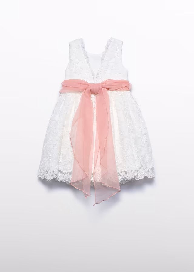 Vestido niña de tul bordado color nata con cinturón – Abel y Lula 05035