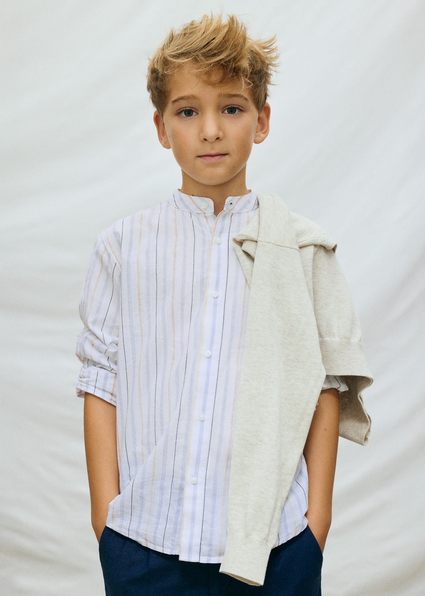 Camisa algodón celeste rayas m/l cuello mao  Mayoral 06176