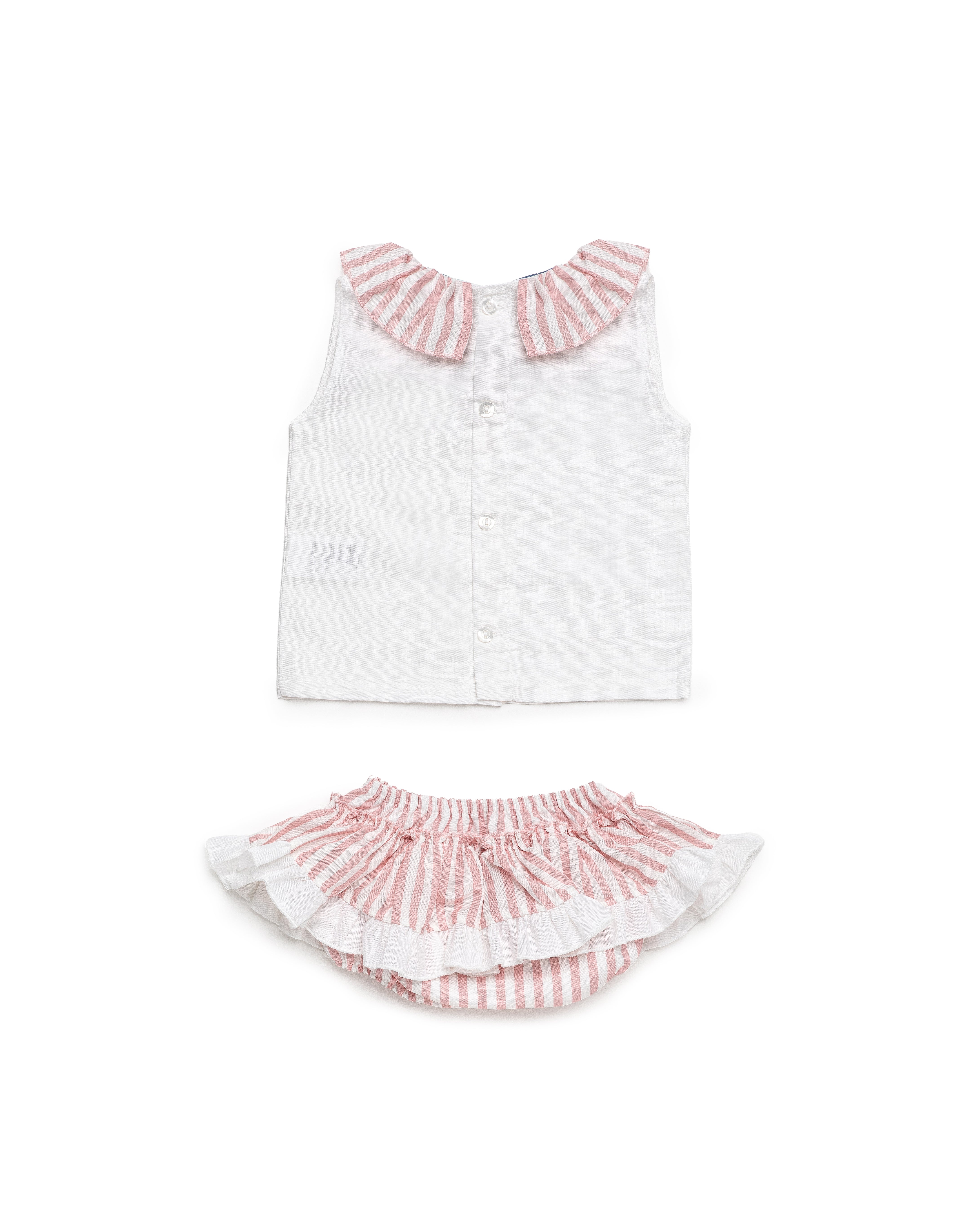 Conjunto Niña Juliana Camisa Blanca Cuello Volante y Braga Rayada Rosa 26201| La Boutique de AyA