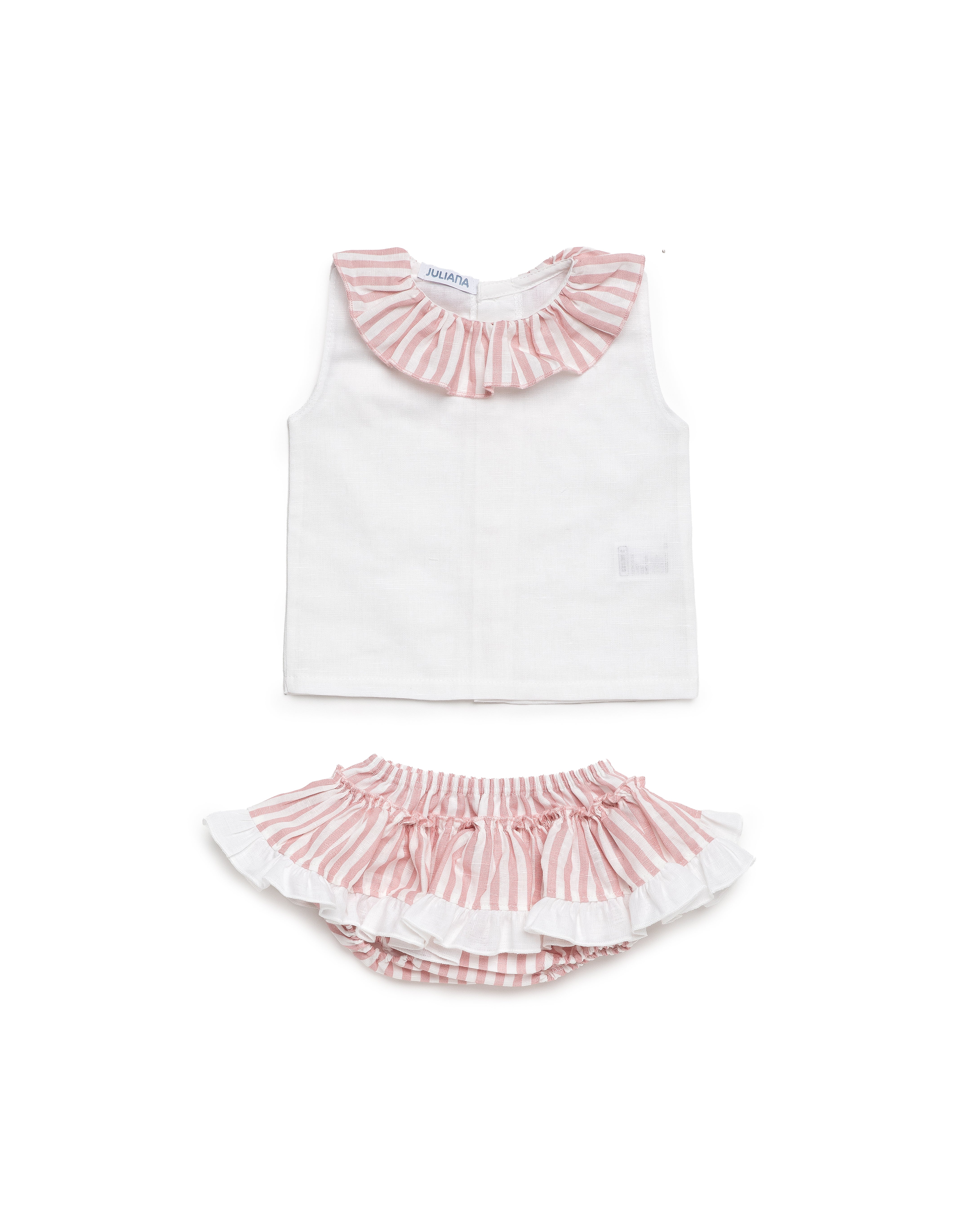 Conjunto Niña Juliana Camisa Blanca Cuello Volante y Braga Rayada Rosa 26201| La Boutique de AyA