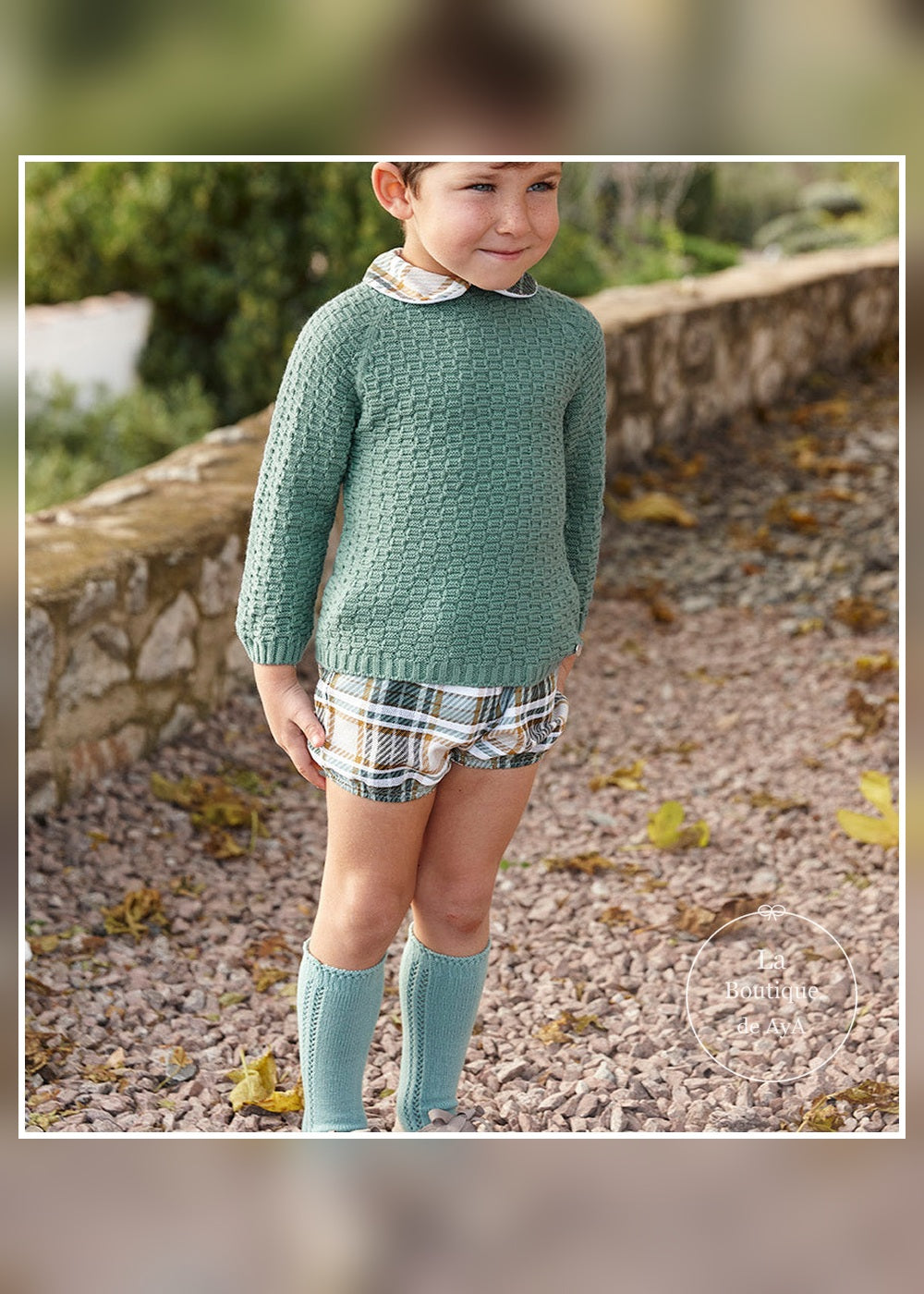 Conjunto bebé niño punto verde hoja y pantalón cuadros Juliana 26582 - vista principal - referencia 26582