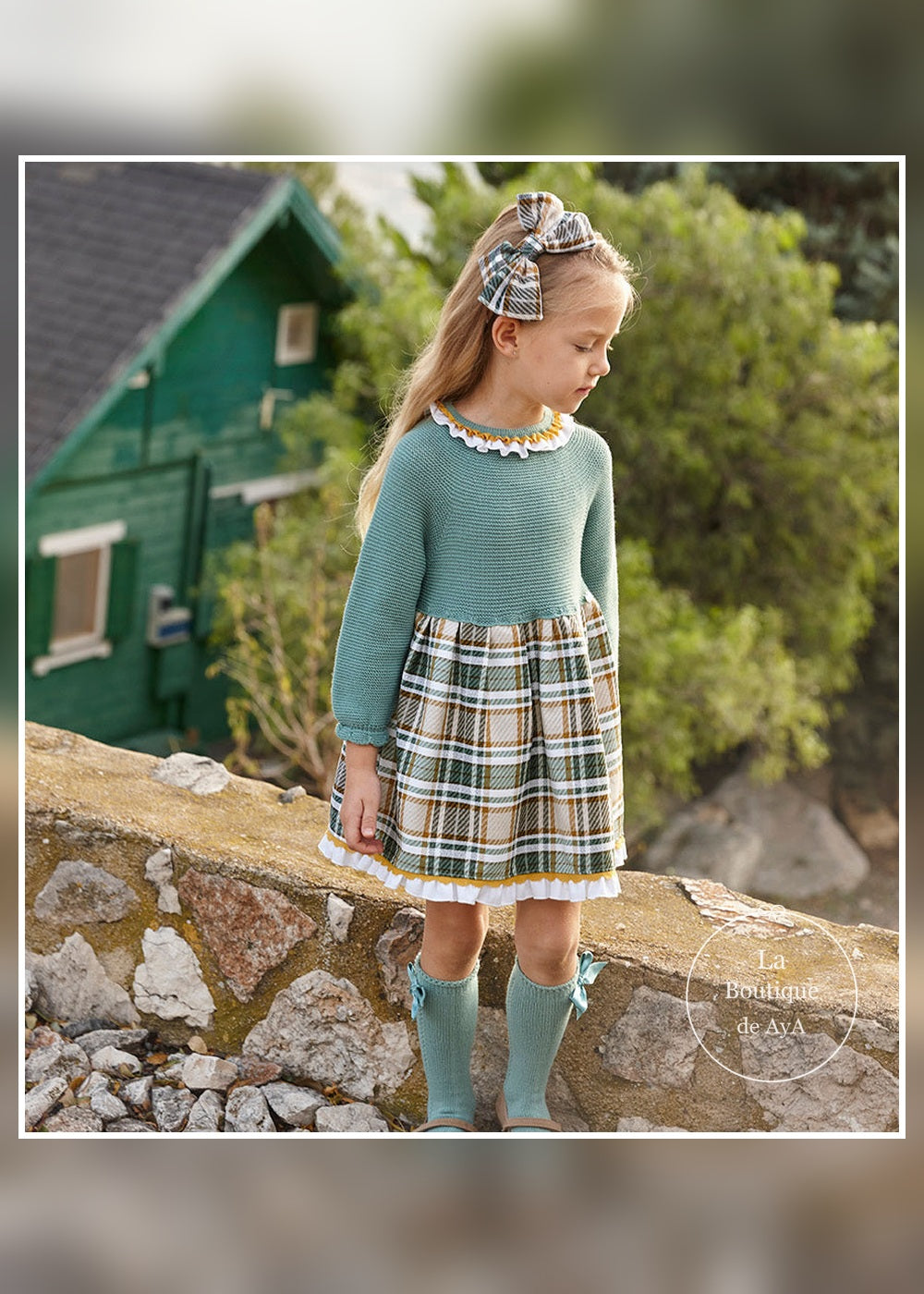 Vestido bebé niña cuerpo punto verde hoja y cuadros Juliana 26646 - vista principal - referencia 26646