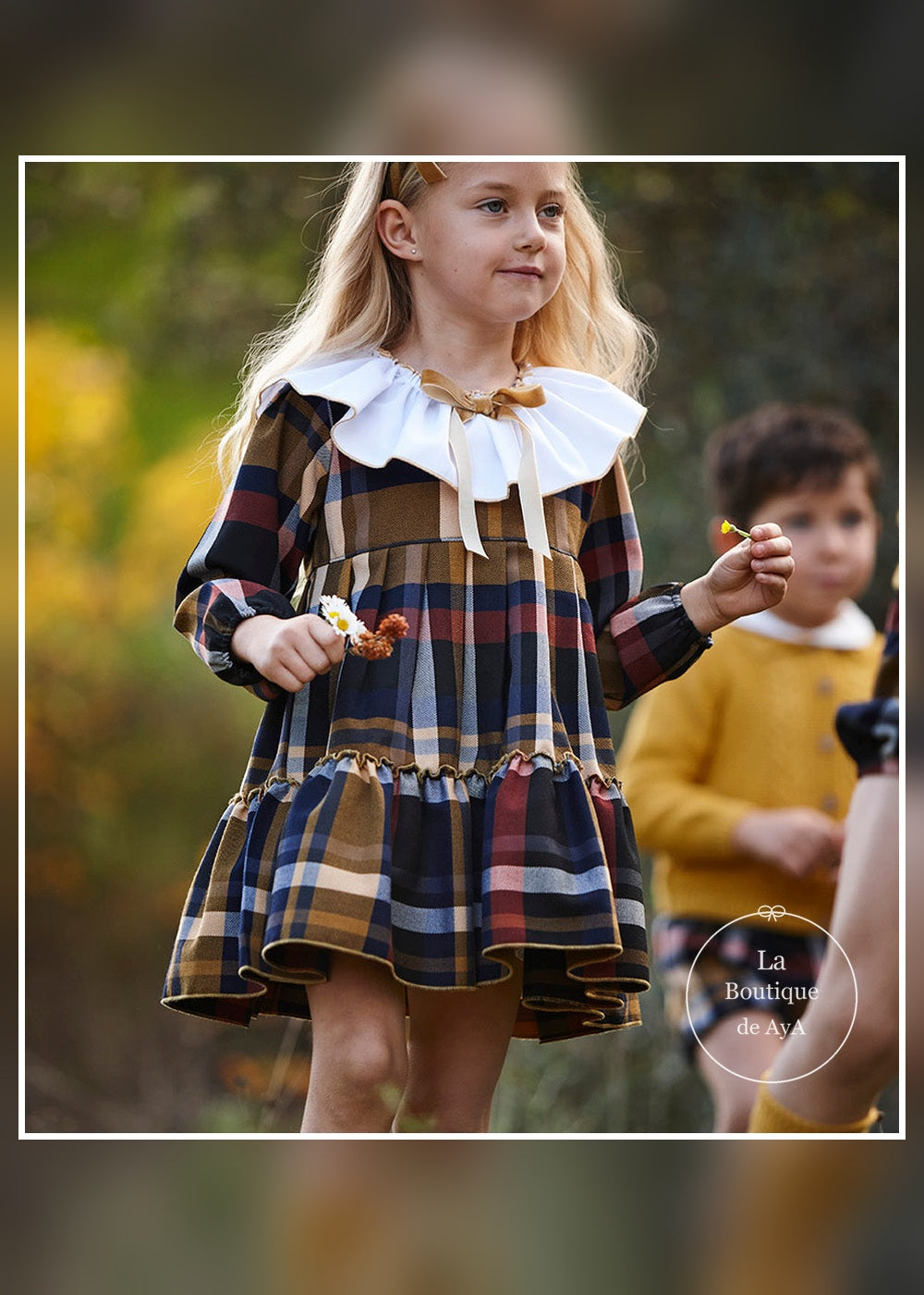 Vestido niña mostaza cuadros dos volantes Juliana 26671 - vista principal - referencia 26671