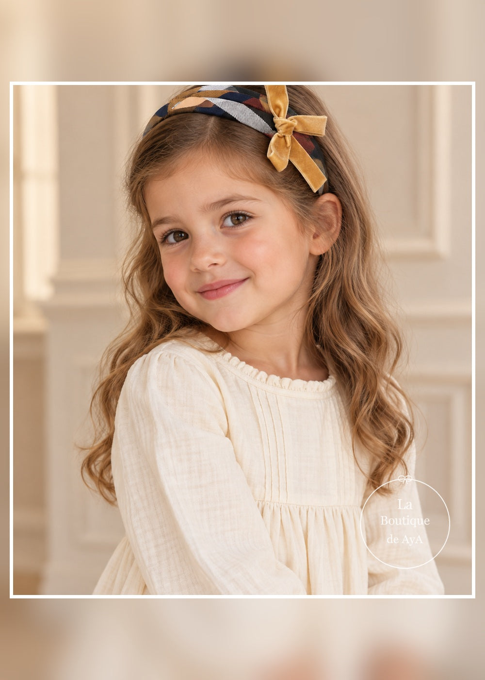Diadema niña mostaza cuadros con lazo de terciopelo Juliana 26737 - vista principal - referencia 26737