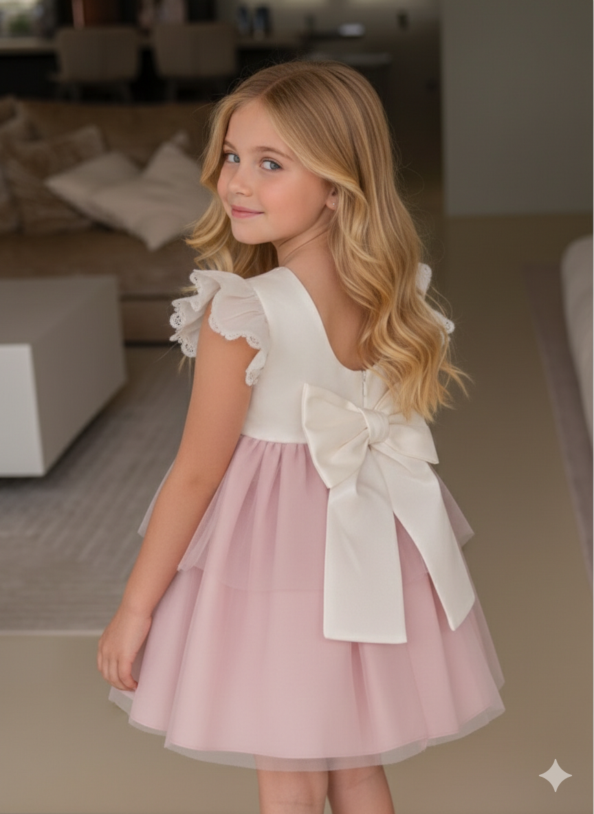 (Envió 1 de Marzo) Vestido de Ceremonia Infantil Blanco y Rosa con Volantes – Miranda 0224