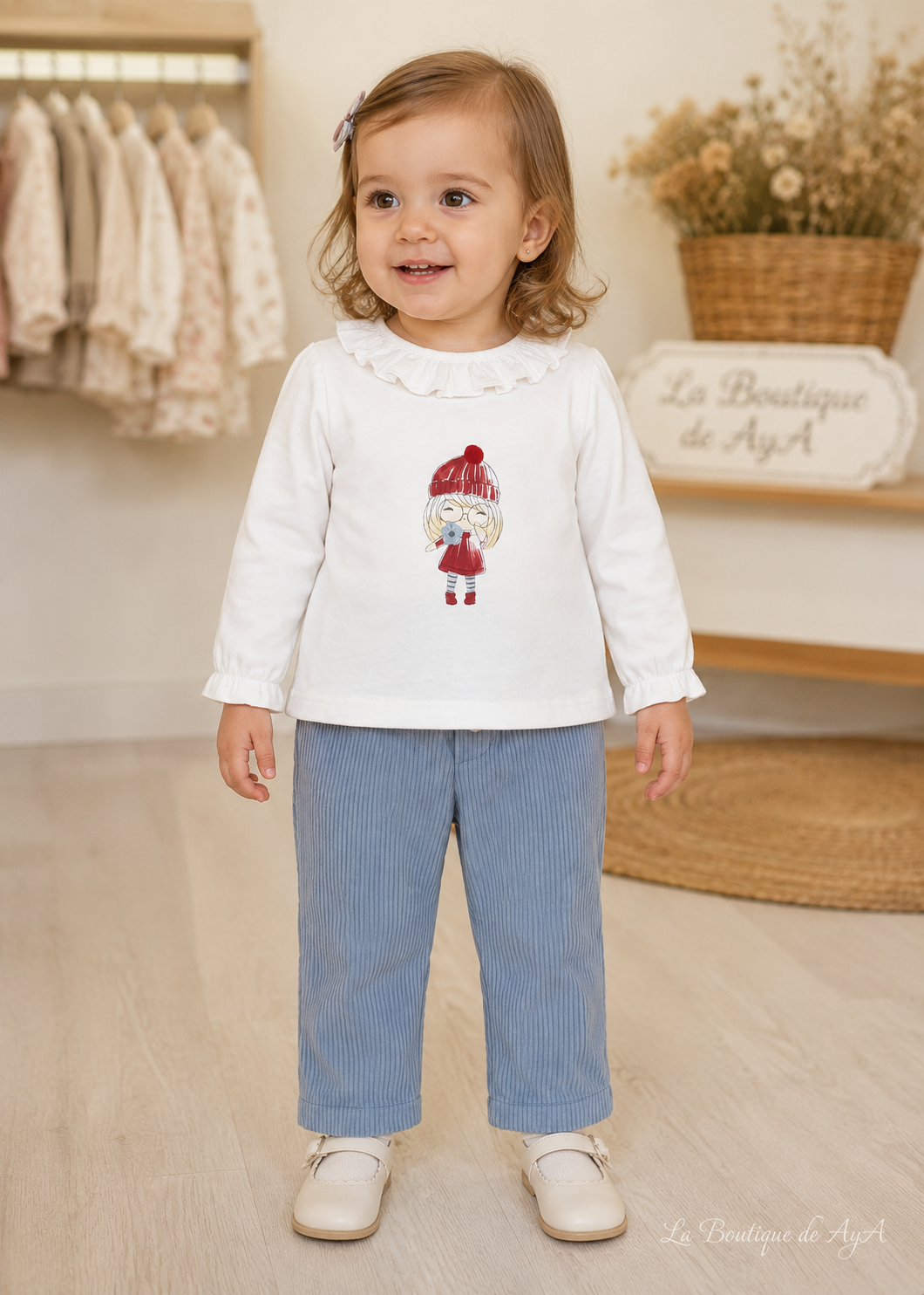 Conjunto camiseta y pantalón bebé niña Miranda beige y azul 40/0526/23 - imagen con marca de agua La Boutique de AyA