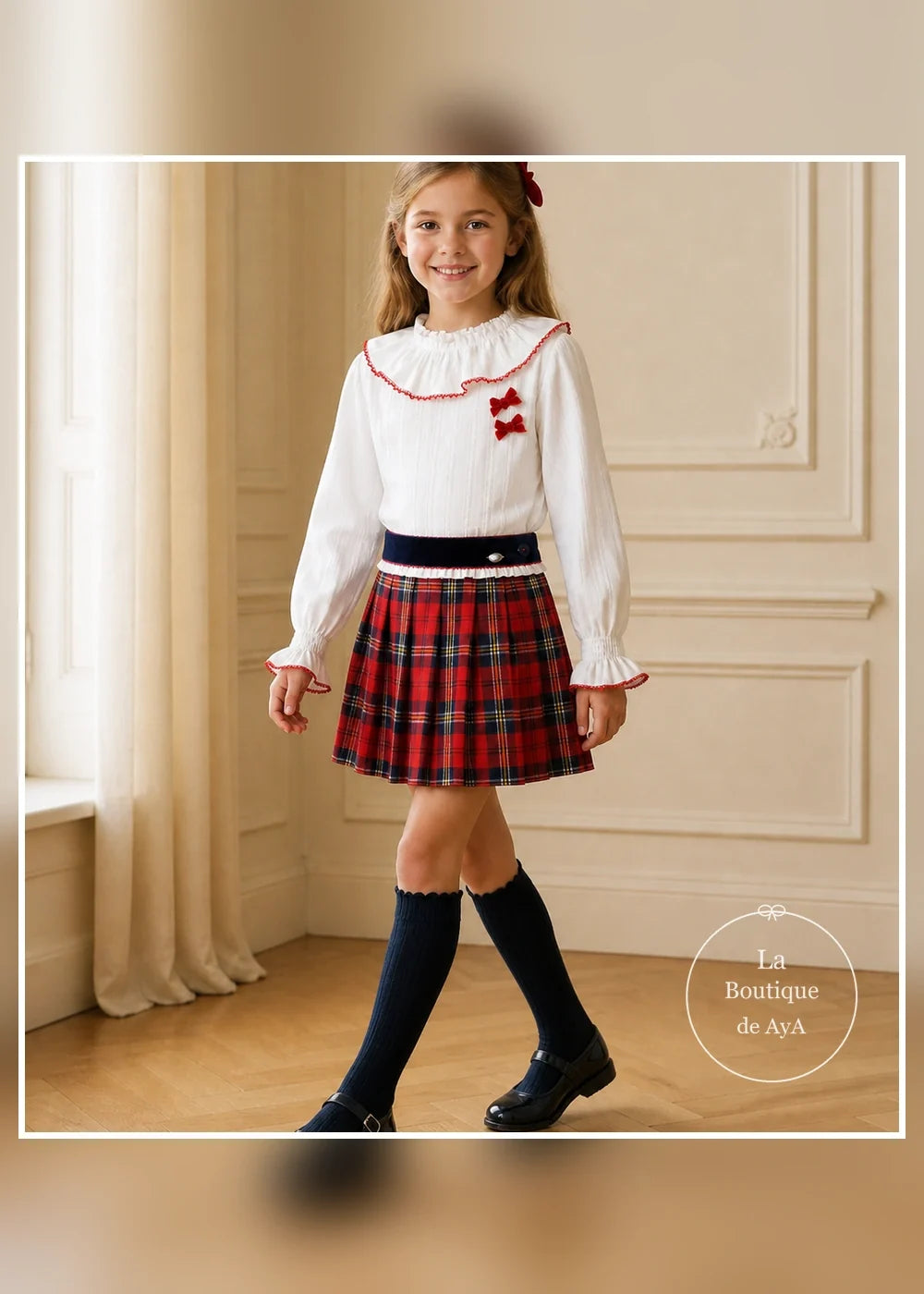 Conjunto blusa blanca y falda tartán roja para niña Miranda 0230, imagen 2