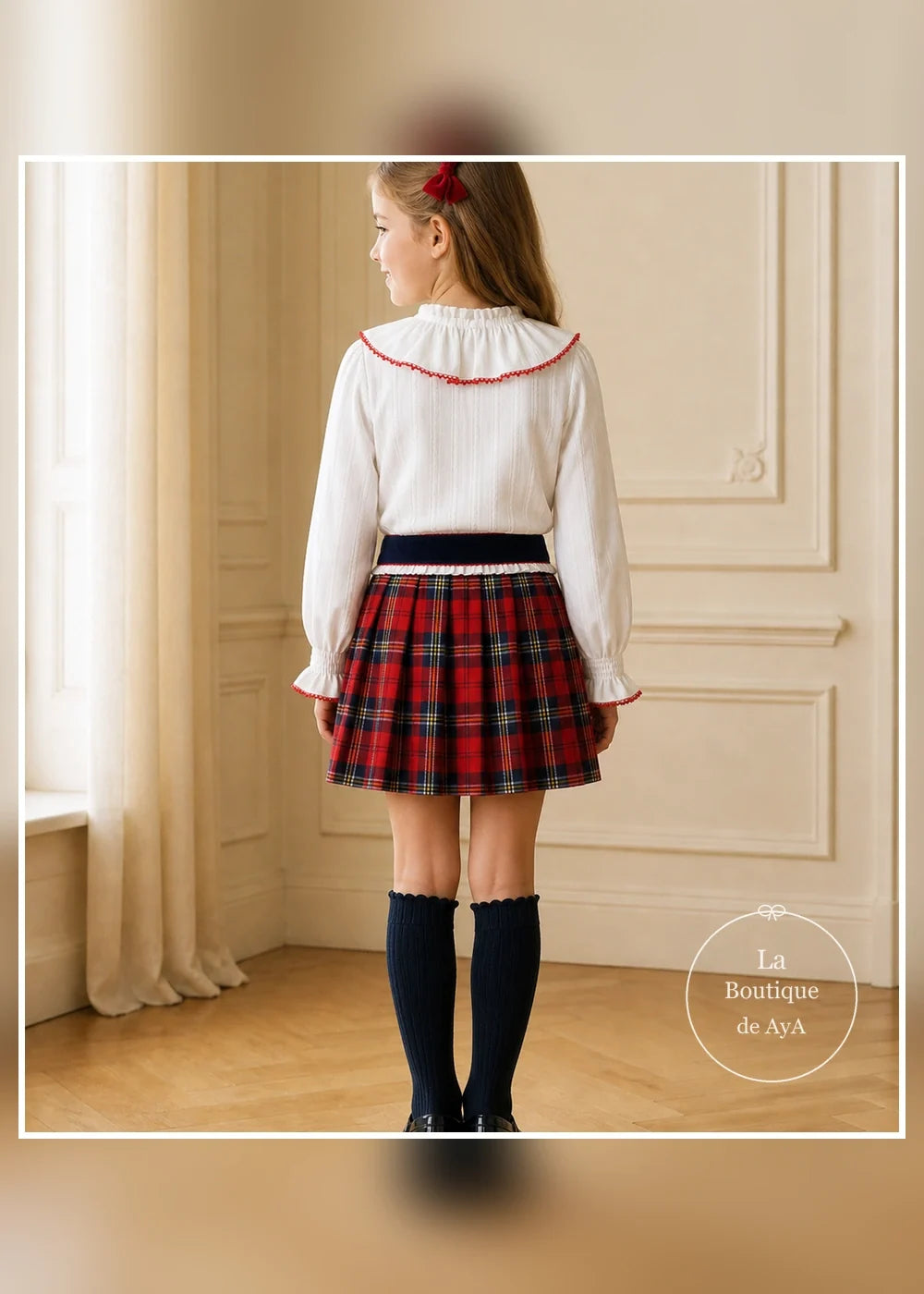 Conjunto blusa blanca y falda tartán roja para niña Miranda 0230, imagen 3