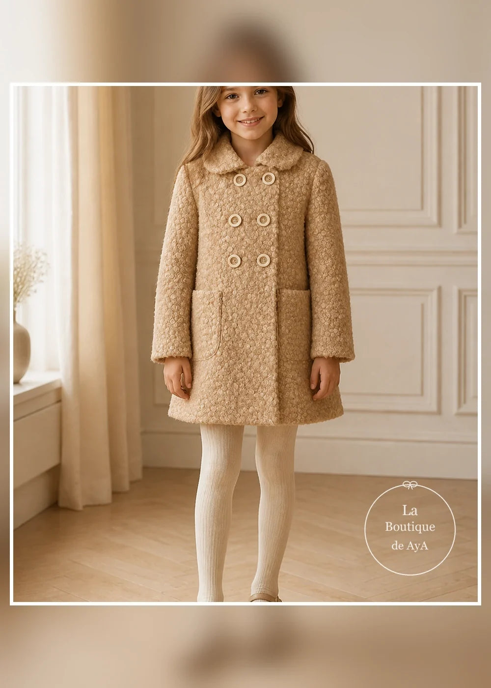 Abrigo camel de doble botonadura para niña Miranda 0260, portada con modelo