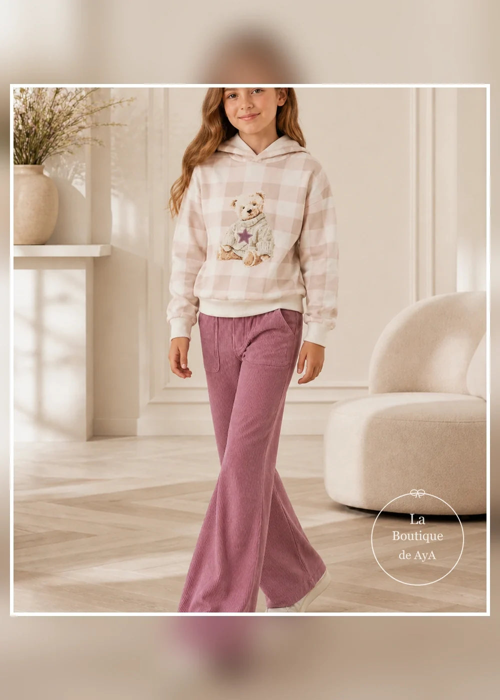 Conjunto sudadera cuadros y pantalón malva para niña Miranda 0310, imagen 2