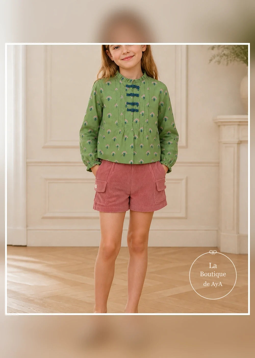 Conjunto blusa verde y short rosa para niña Miranda 0604, portada con modelo