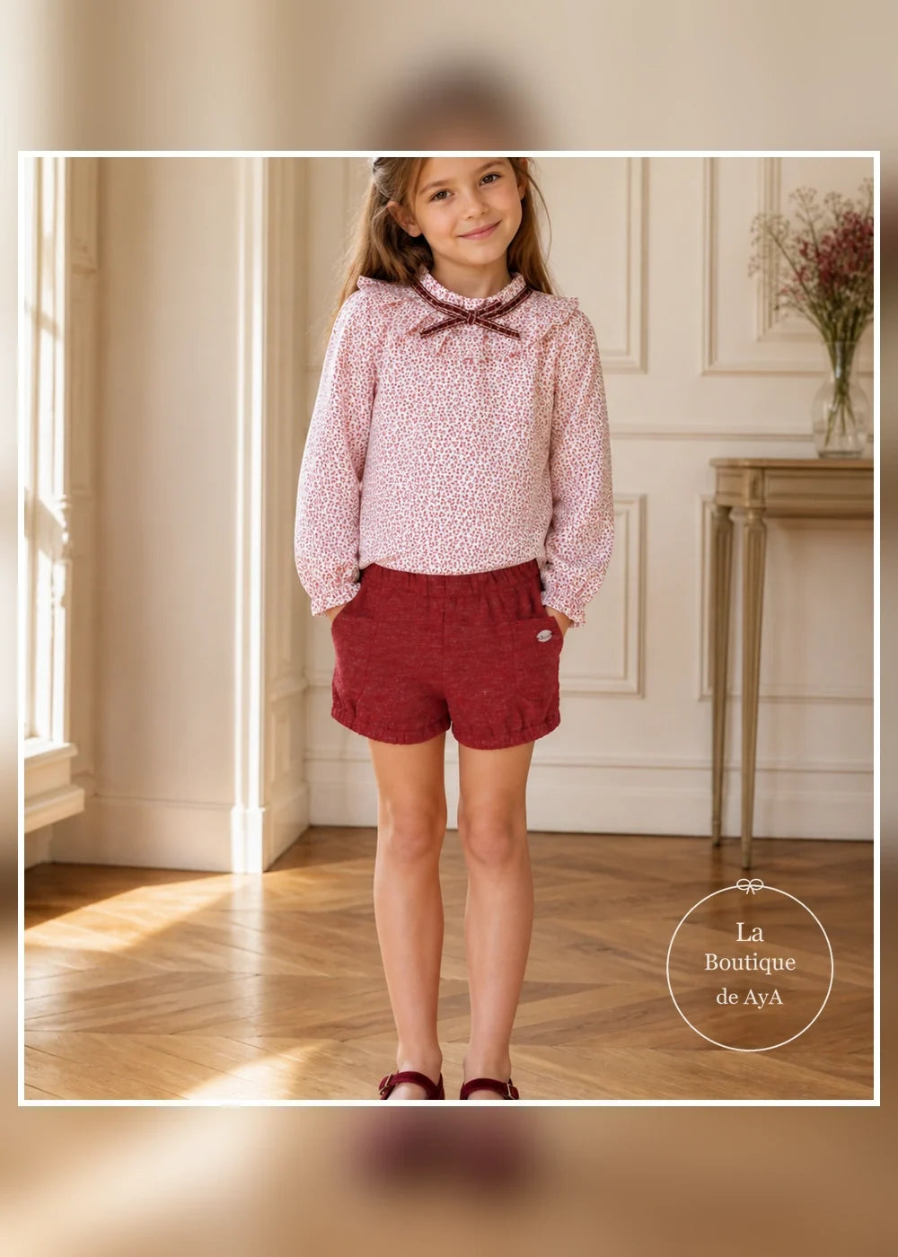 Conjunto blusa floral y short granate para niña Miranda 0610, portada con modelo