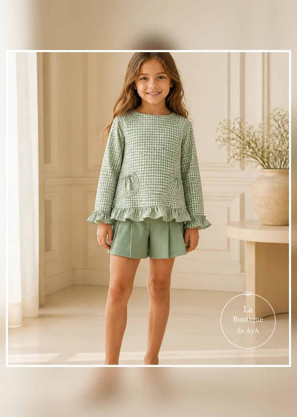 Conjunto sudadera vichy y falda pantalón verde para niña Miranda 0614, portada con modelo