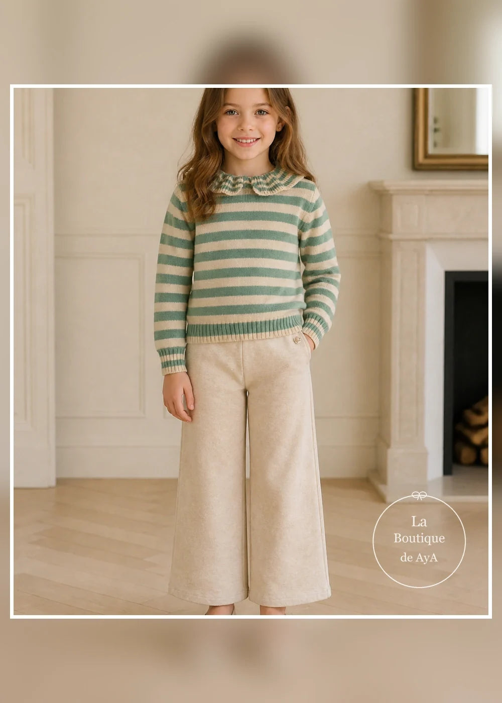 Conjunto jersey de rayas y pantalón beige para niña Miranda 0620, portada con modelo
