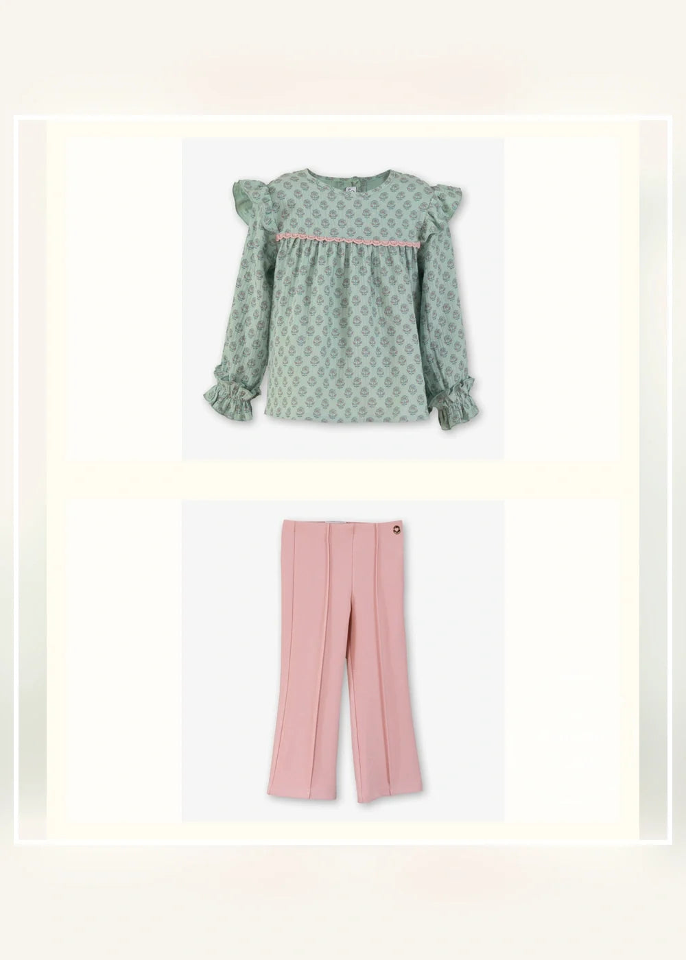 Conjunto blusa verde y pantalón rosa para niña Miranda 0623, imagen 2