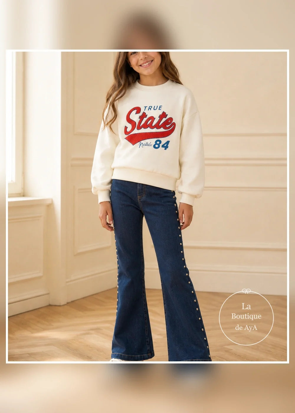 Conjunto sudadera cruda y vaquero para niña Miranda 1405, portada con modelo