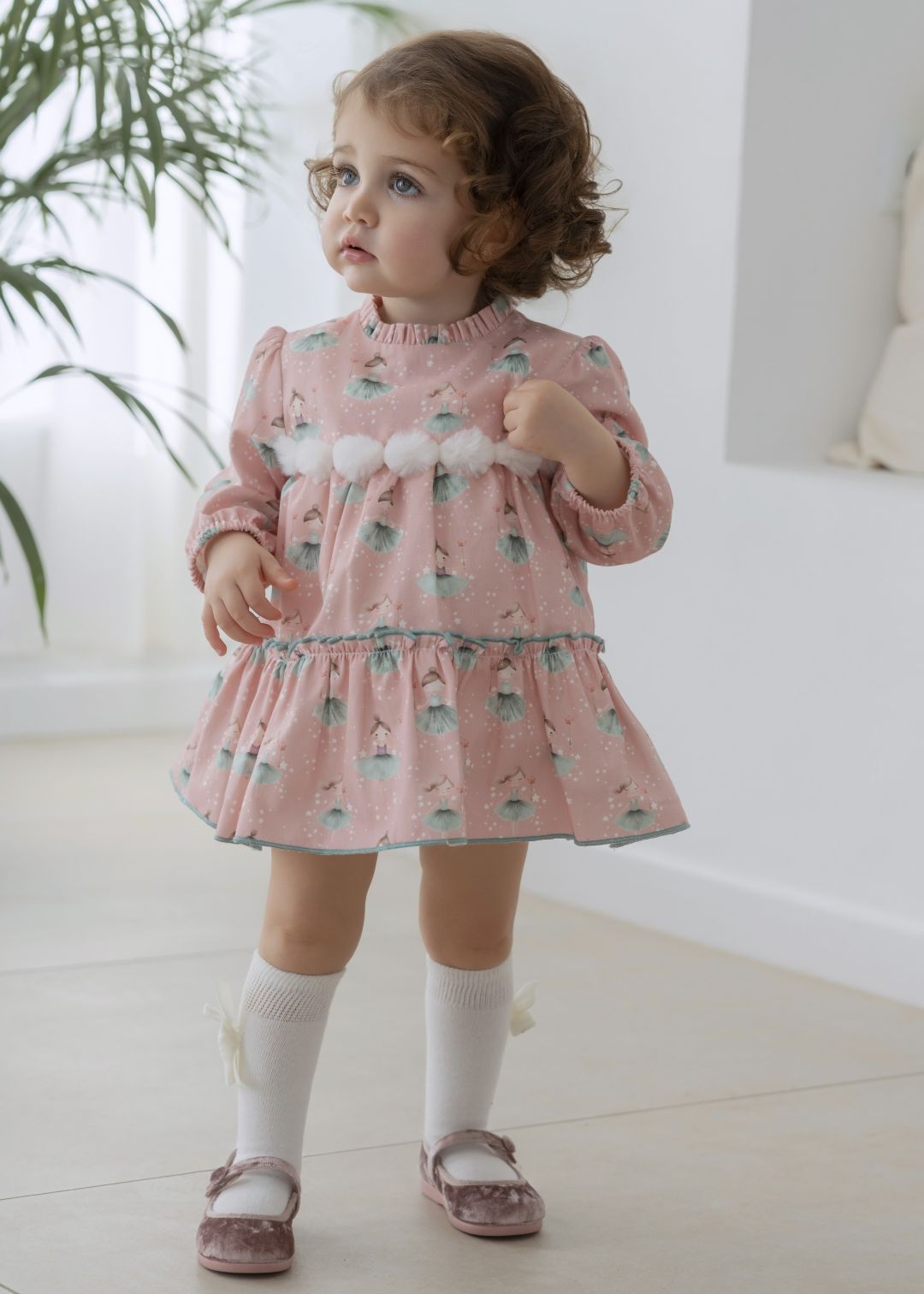 Vestido bebe niña pompones rosa palo miranda 0518