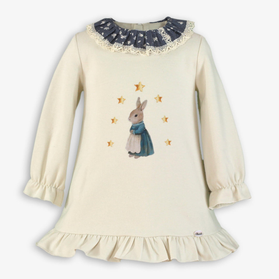 Vestido infantil niña conejito puntilla beige marino miranda 0602