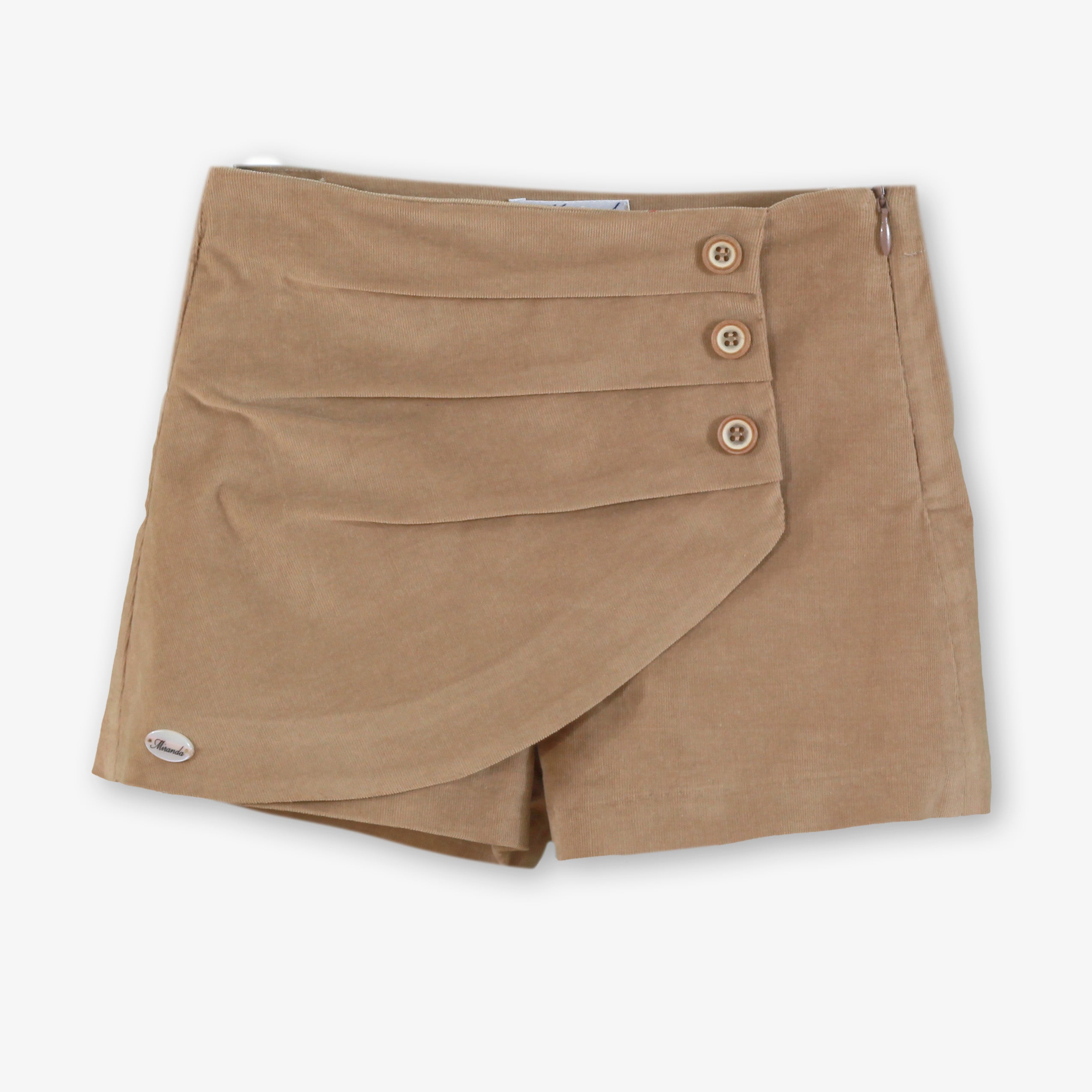 Short falda de pana marrón camel con solapa cruzada y botones de la firma Miranda