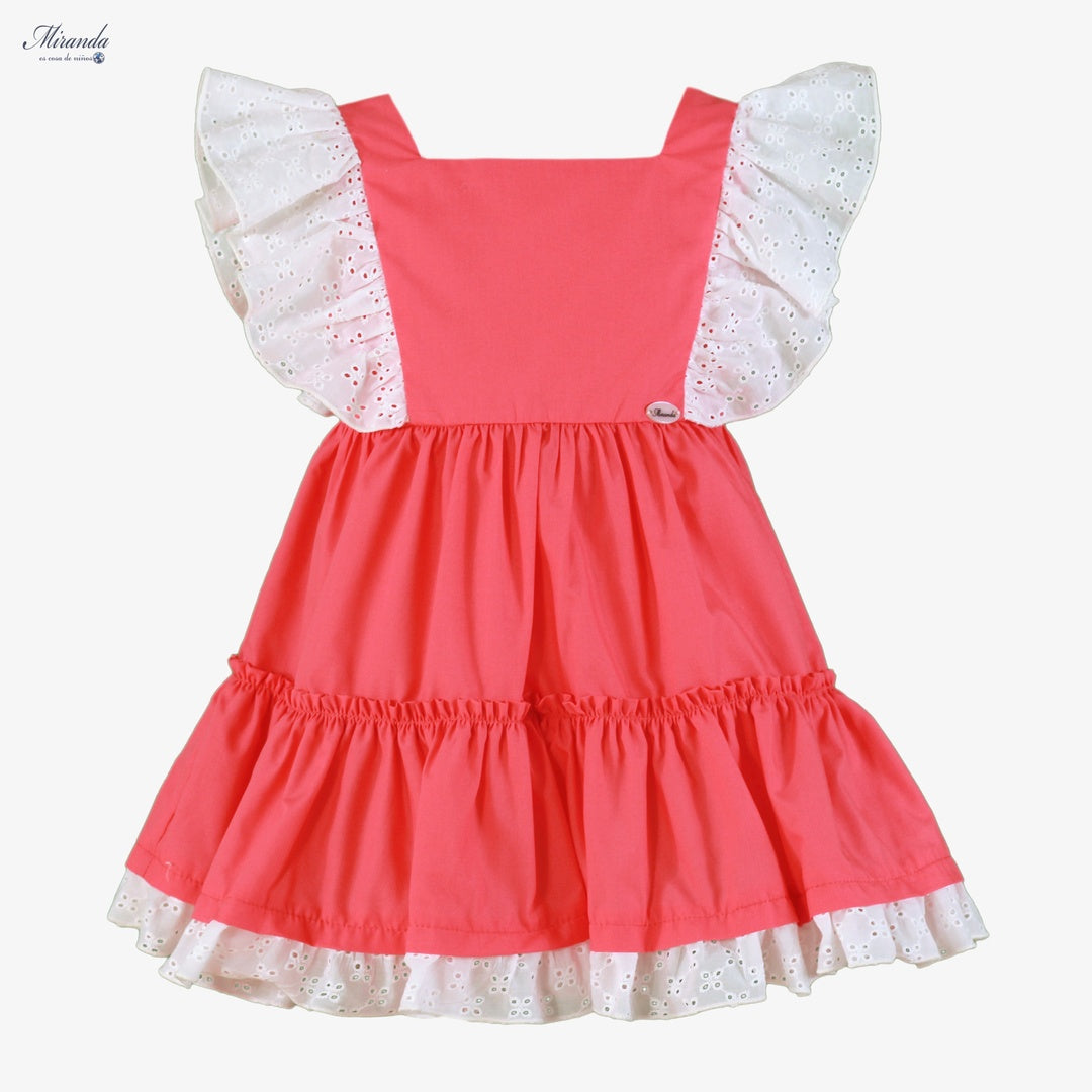 Vestido niña coral con volantes y detalles bordados | Miranda 0609