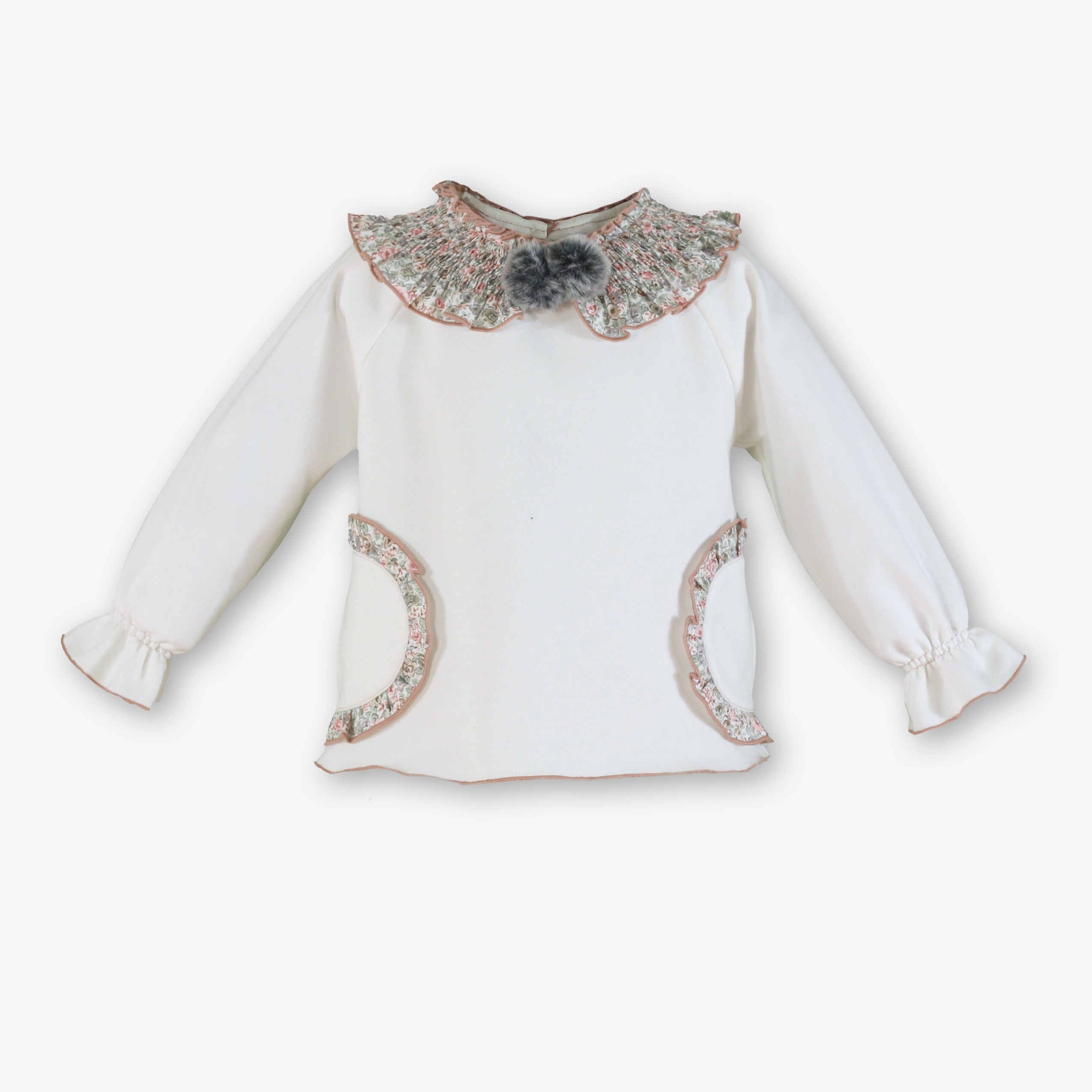 Sudadera cruda infantil para niña con pechera de nido de abeja floral y pompón de pelo gris - Miranda