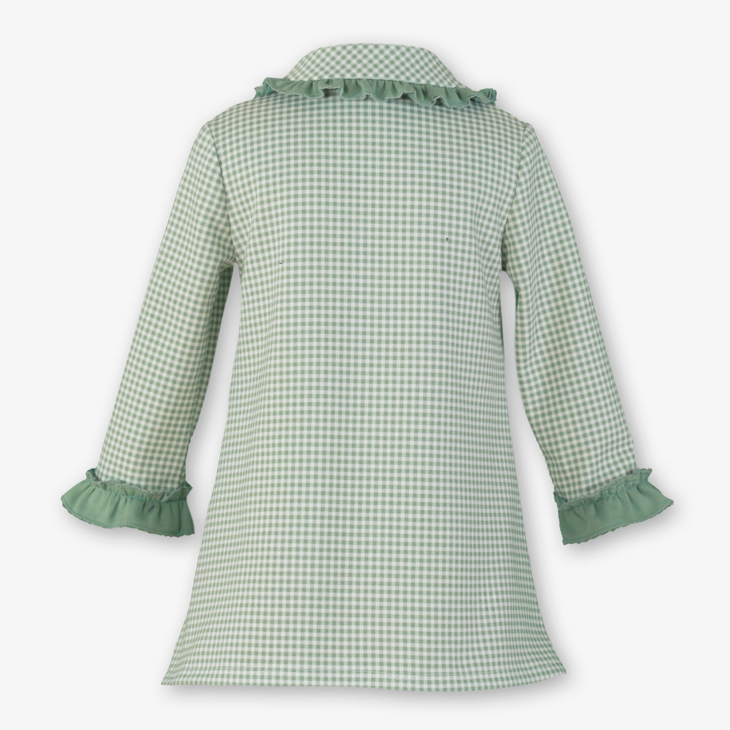 Vista trasera del vestido evasé de niña a cuadros vichy verde de la firma Miranda