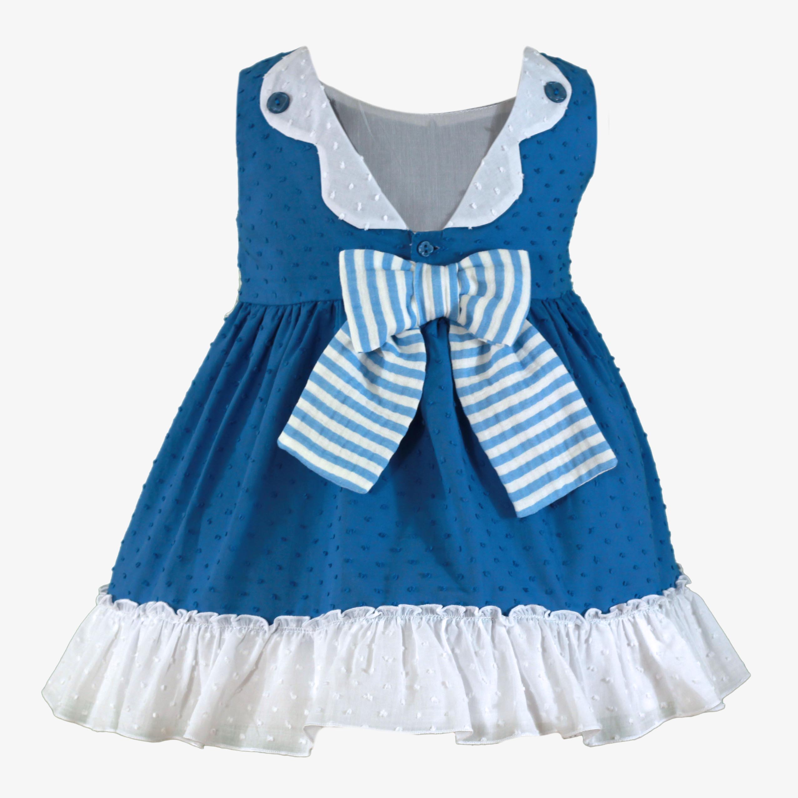 Vestido azul Miranda 0614 con lazo y volantes para niñas