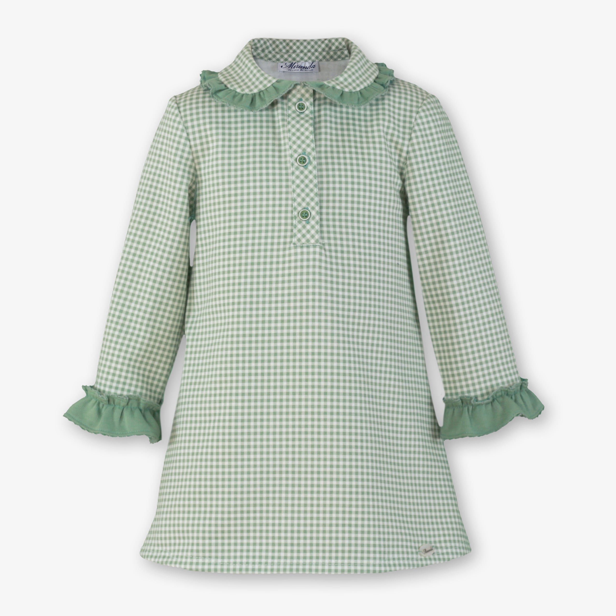 Vestido de invierno para niña a cuadros vichy verde empolvado con cuello bebé y botones - Miranda 40/0614/V