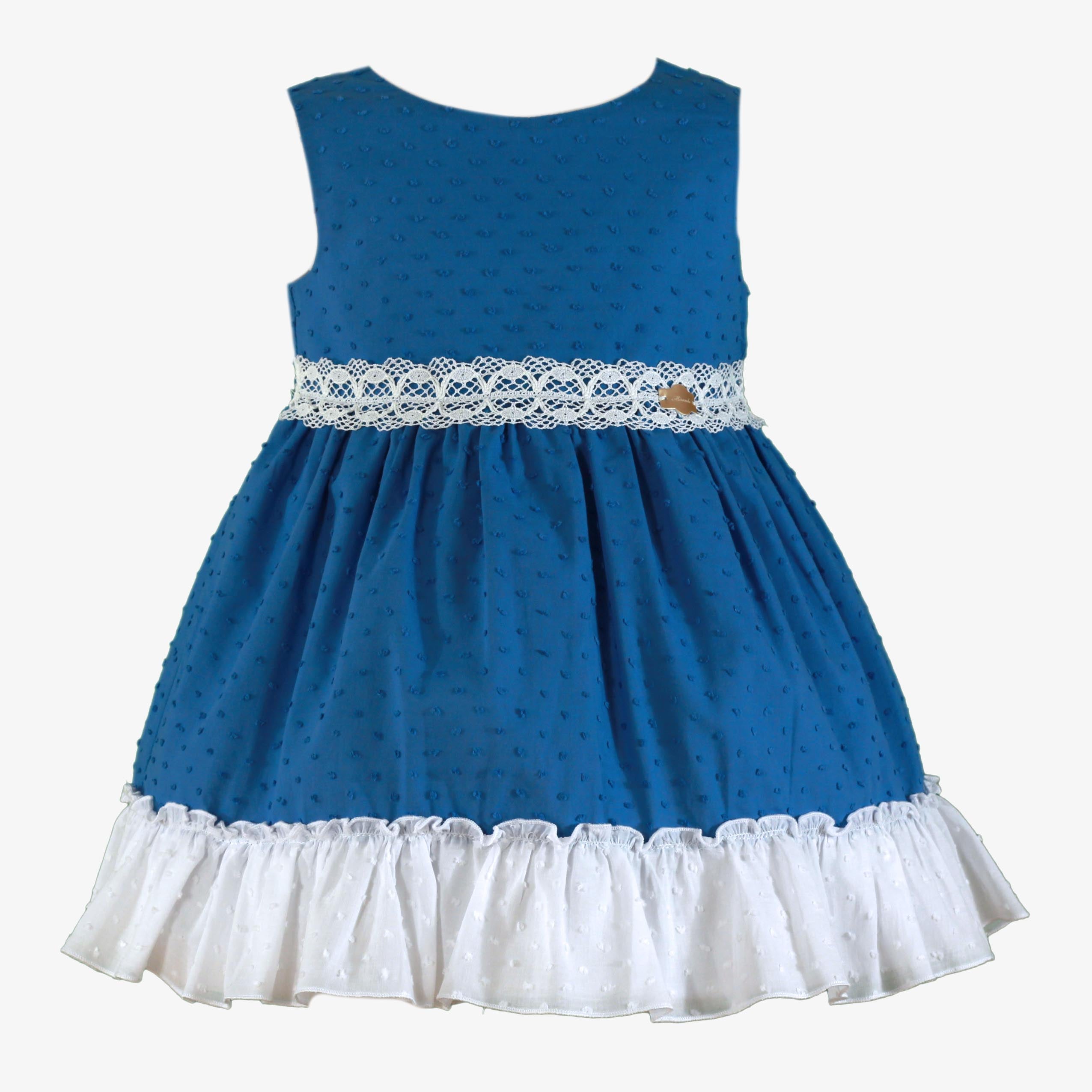 Vestido azul Miranda 0614 con lazo y volantes para niñas