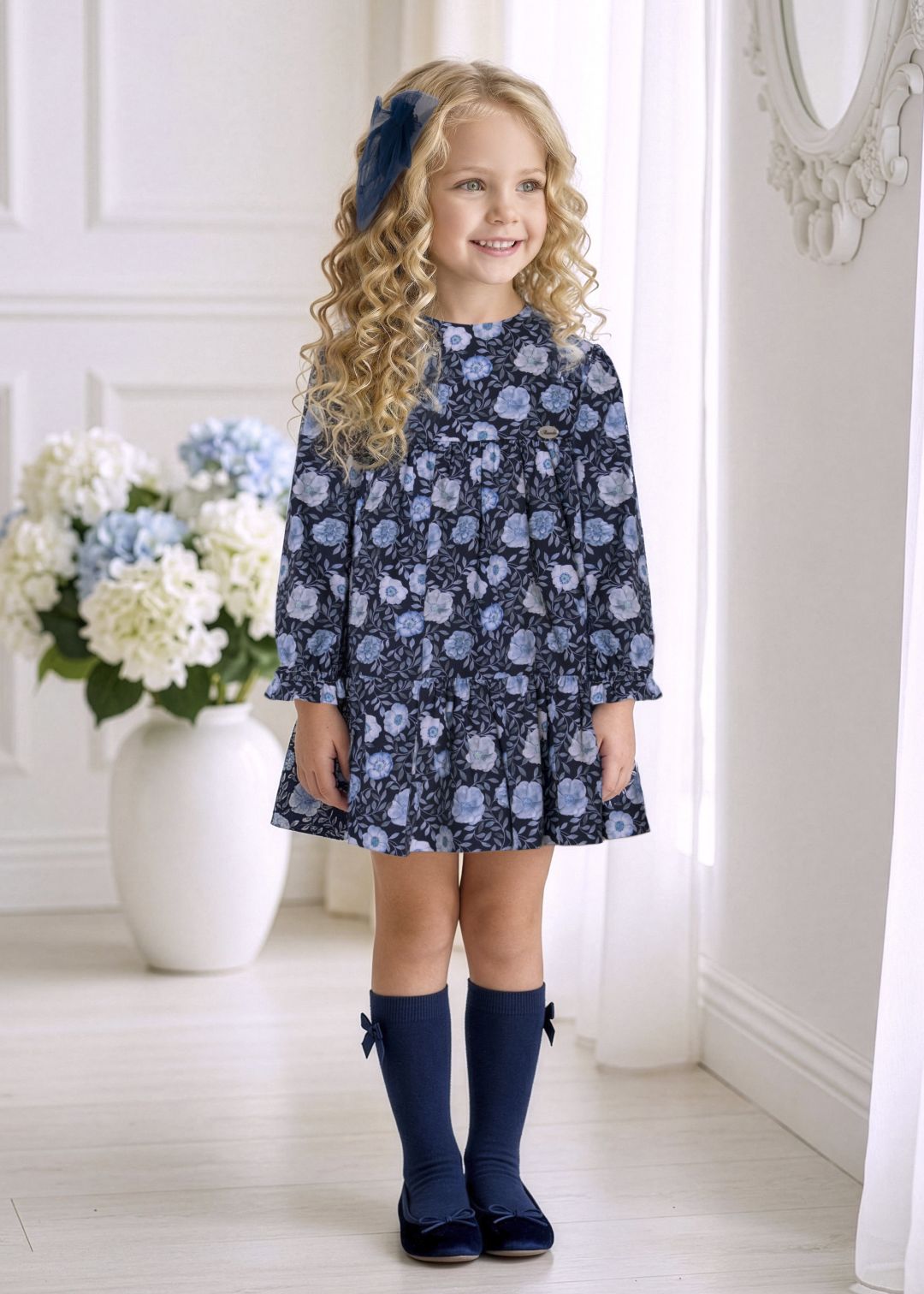 Niña luciendo el vestido elegante de invierno en tono azul marino floral de la marca española Miranda