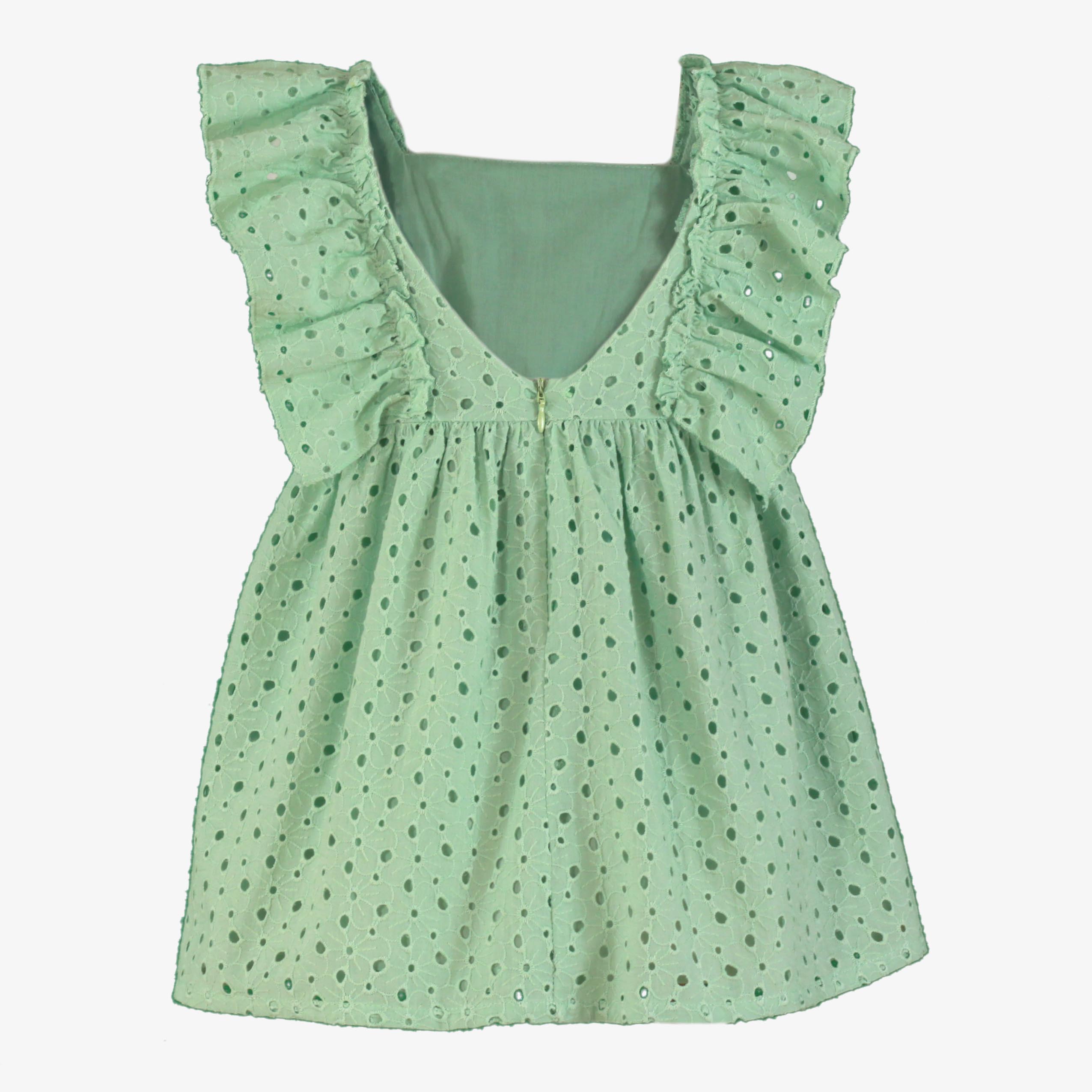 Vestido verde agua Miranda 0624 con volantes para niñas.