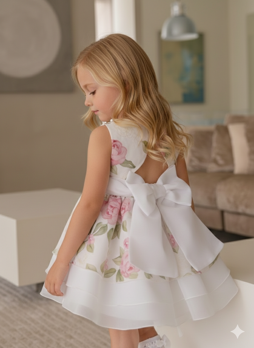 (Envió 1 de Marzo) Vestido de Ceremonia Infantil Blanco con Estampado Floral y Lazo 0229