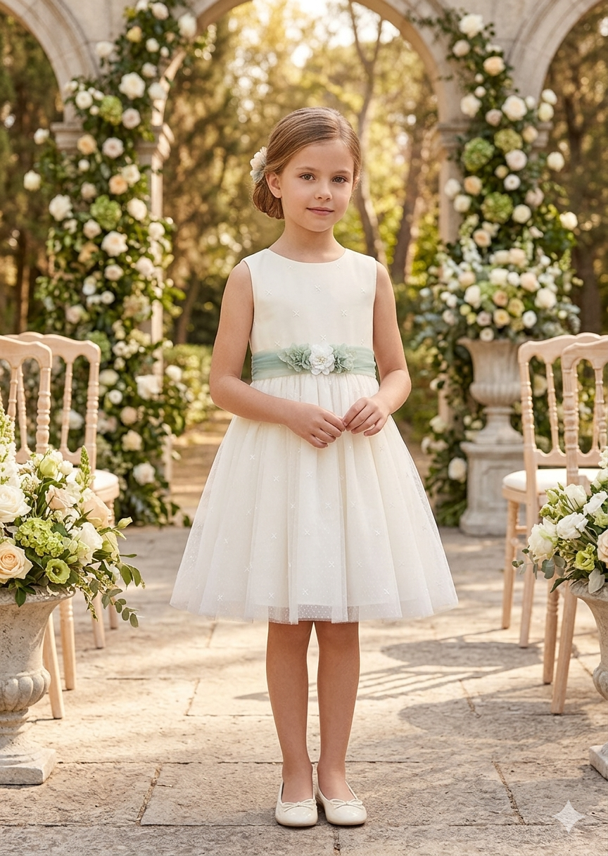 Vestido Tul Bordado Crudo Mayoral con Cinturón Verde Agua 03919