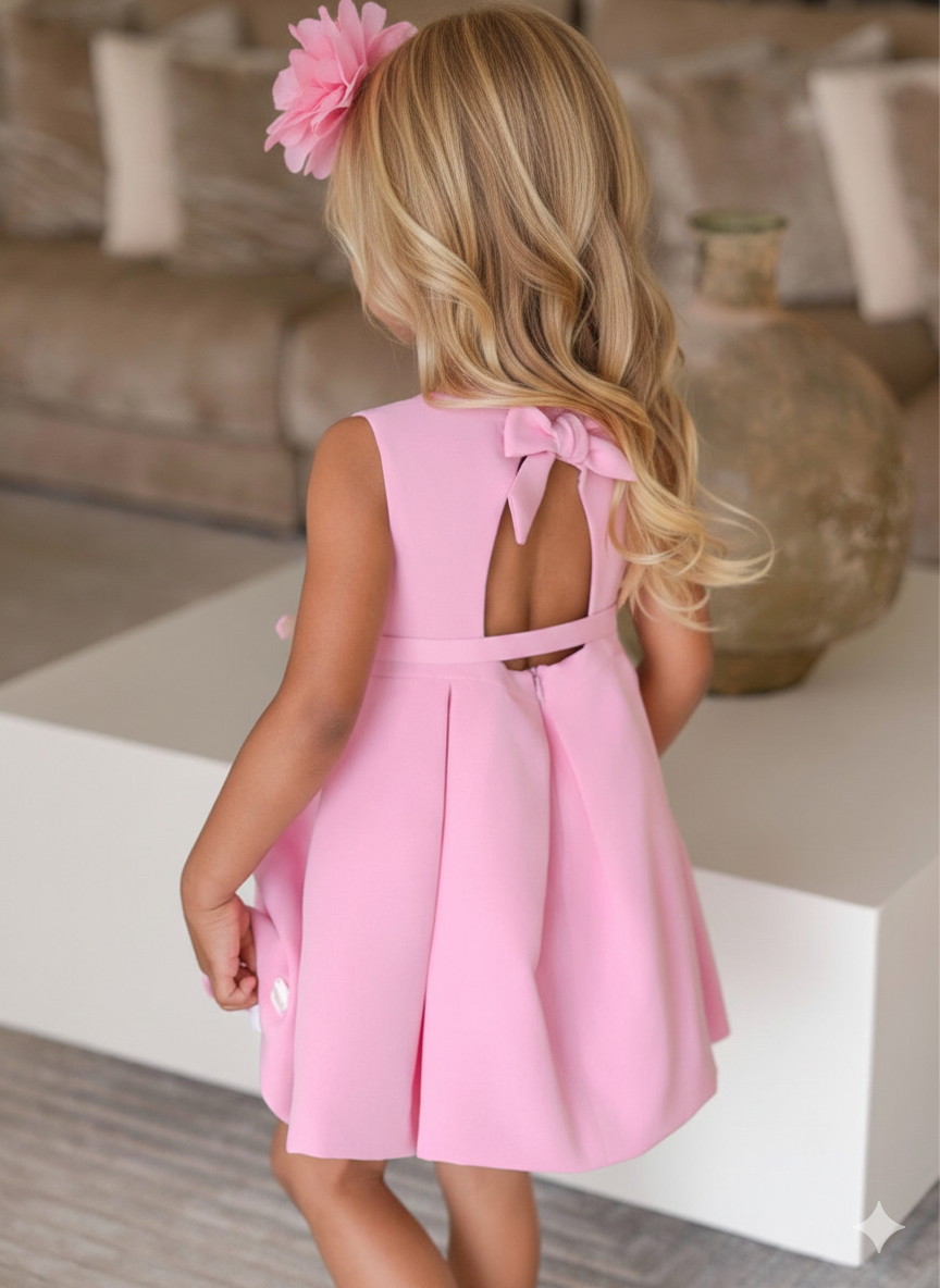 Vestido de Ceremonia Infantil Rosa con Abertura Espalda y Lazo 0232