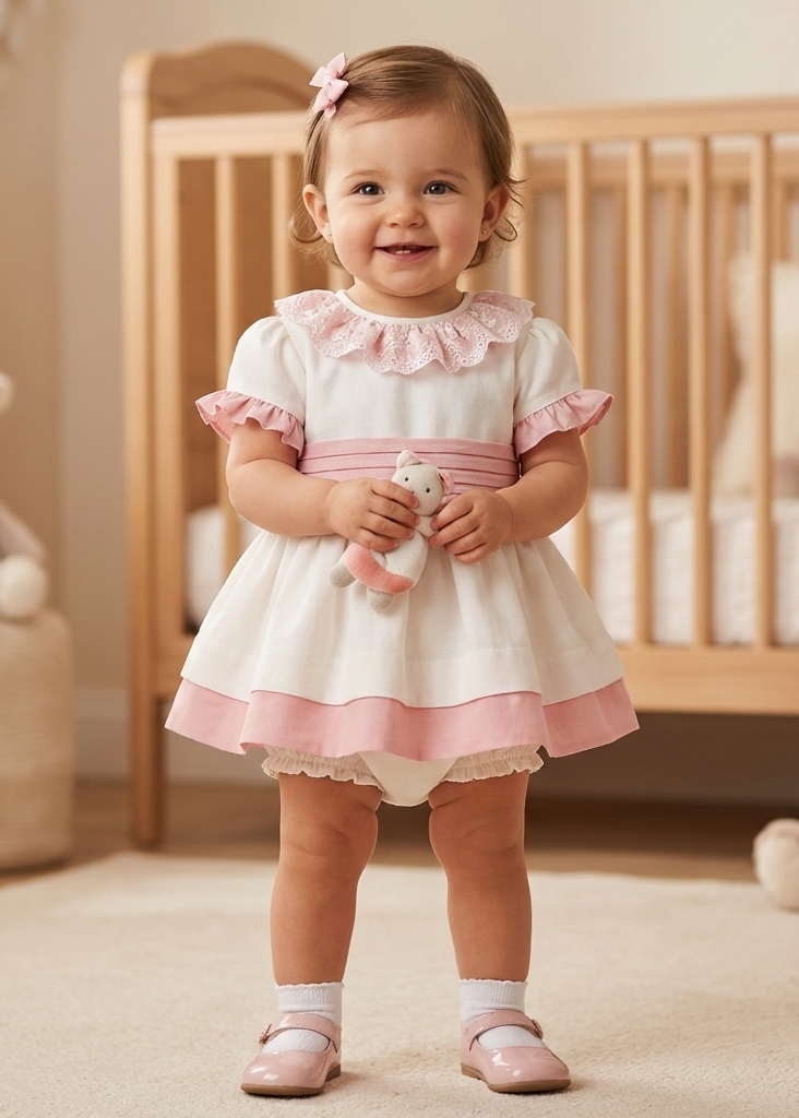 Vestido bebé ceremonia blanco y rosa con braguita – Miranda 0130