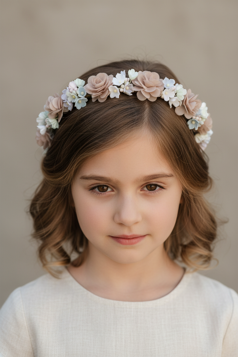 Corona de Flores Niña Ceremonia Rosa Malva y Pastel | Artesanal
