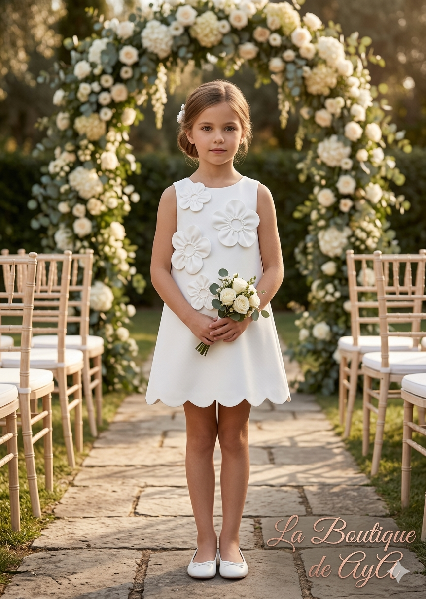 Vestido niña crepé blanco con flores 3D – Abel y Lula 05055