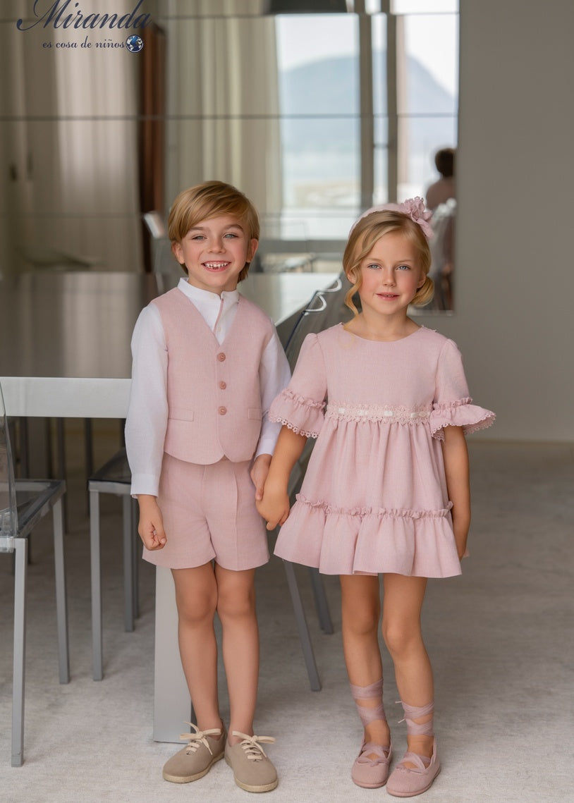 Conjunto Infantil de Ceremonia Camisa Blanca y Chaleco con Pantalón Rosa 0240