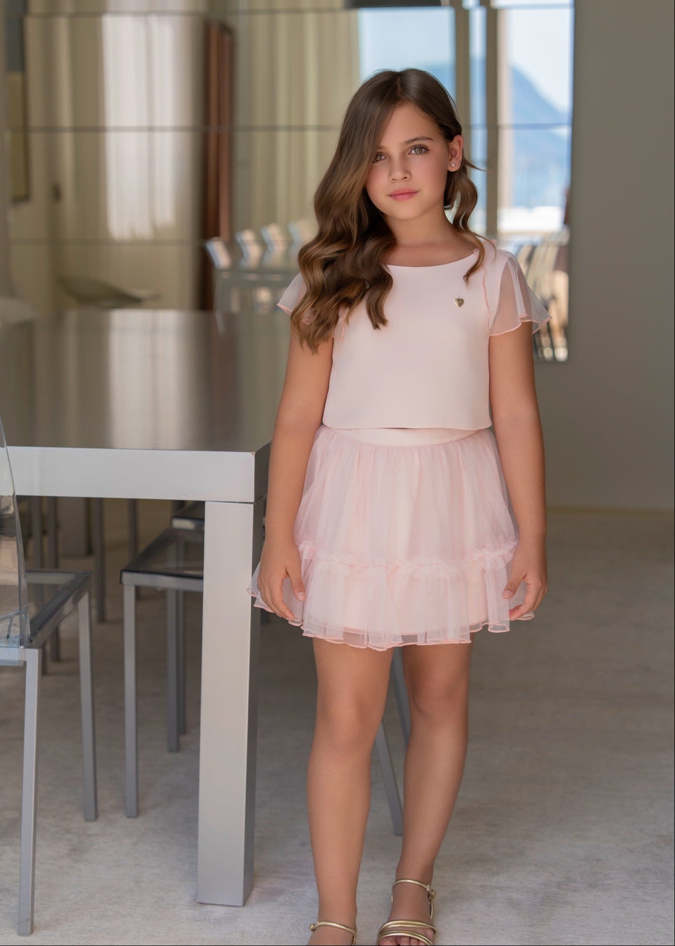 Conjunto niña rosa blusa tul y falda vuelo Miranda 0324